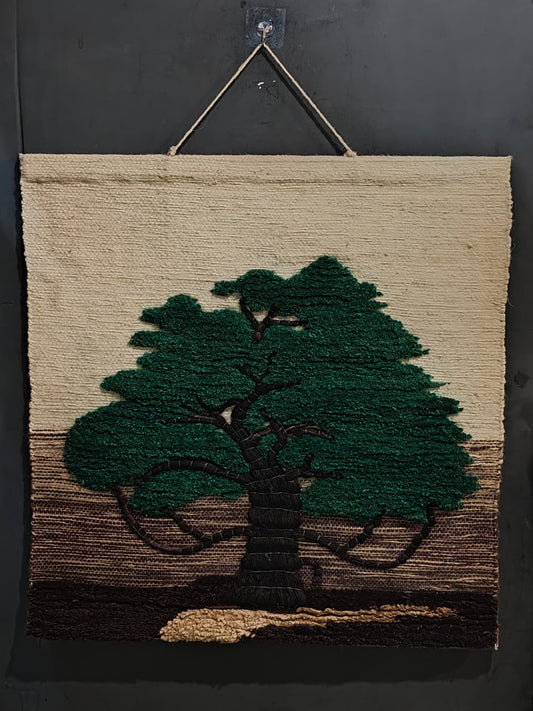 Under the green tree - handcrafted jute, wool and cotton wall hanging - Ghazipur handicrafts