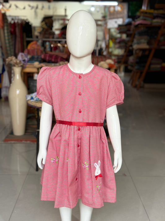 Red gingham checks cotton frock with rabbit embroidery