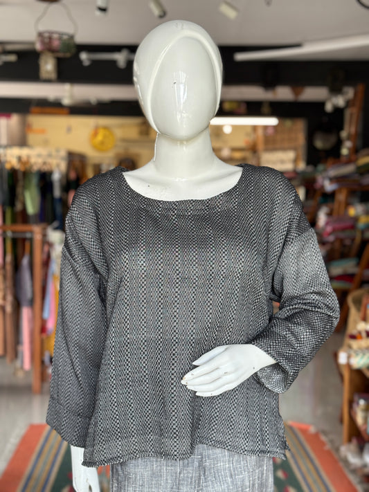 Black handloom self checks cotton top for women with dropped shoulder