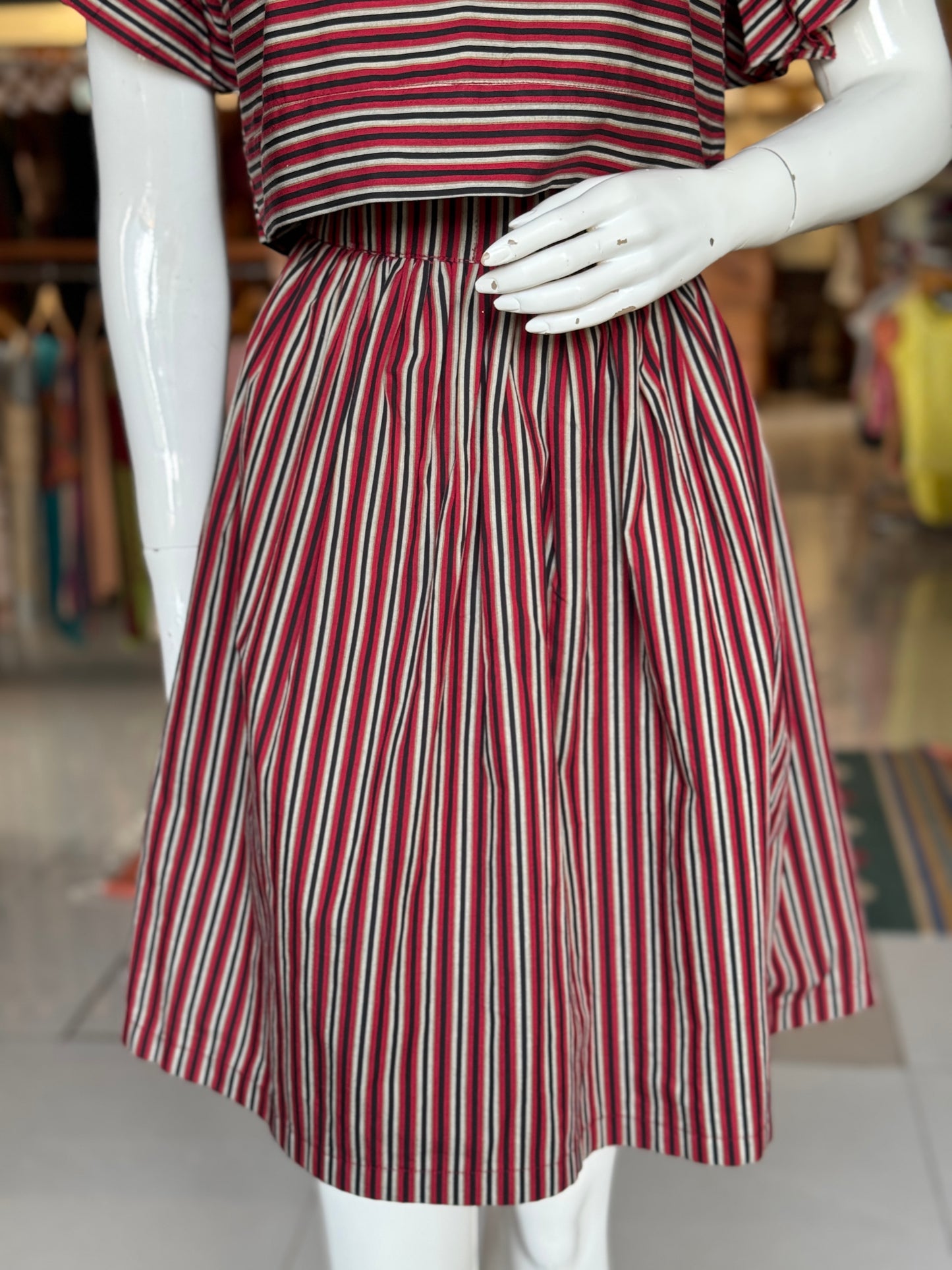 Red and black stripes cotton coord set with umbrella frill sleeves crop top and skirt