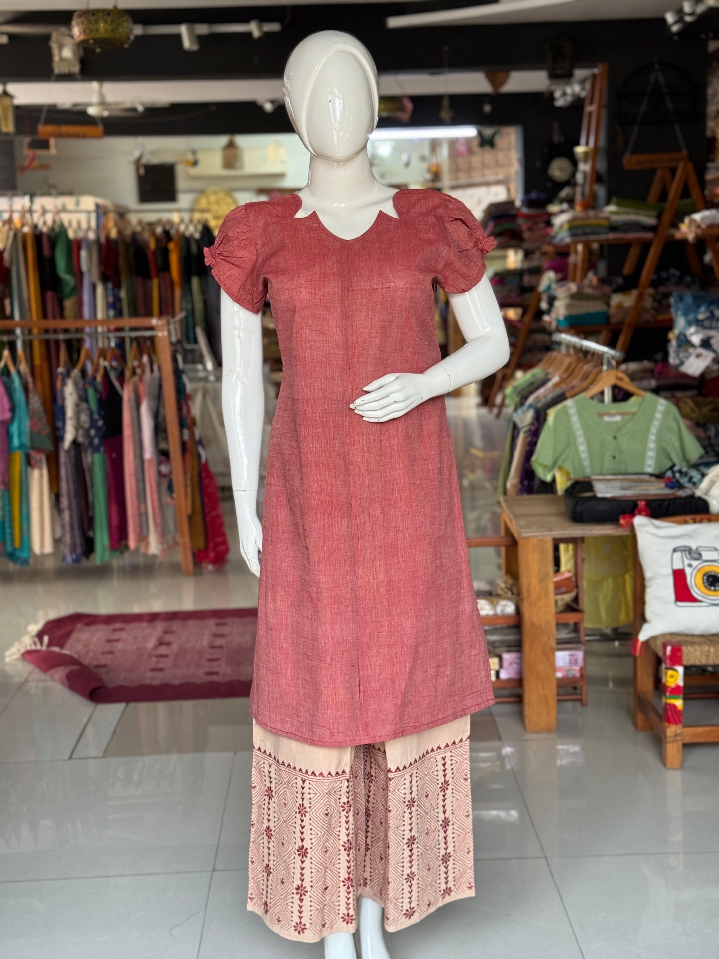 Maroon stripes handwoven cotton straight kurti with fancy neckline and sleeves
