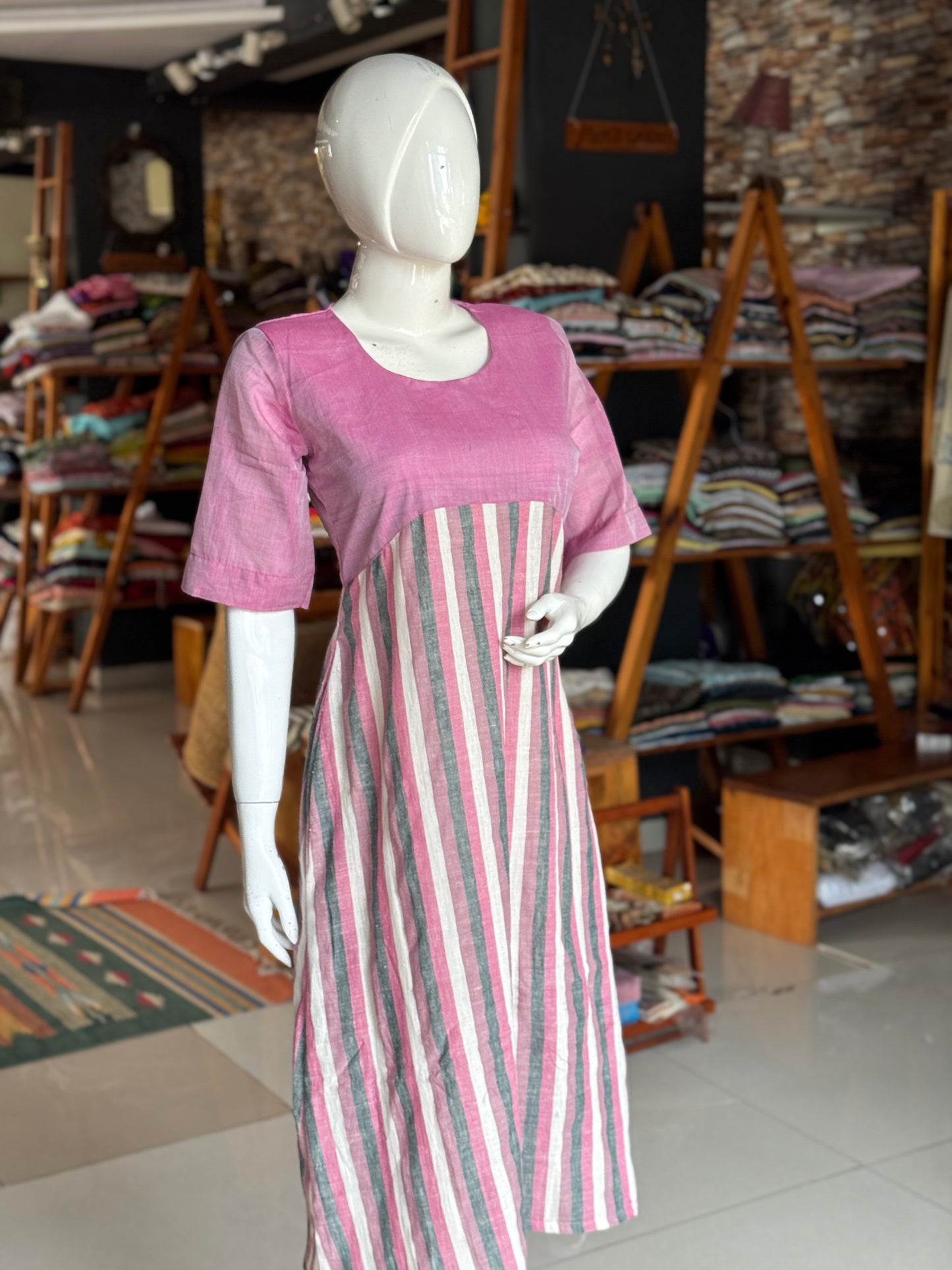 Pink n grey stripes kala cotton handloom dress