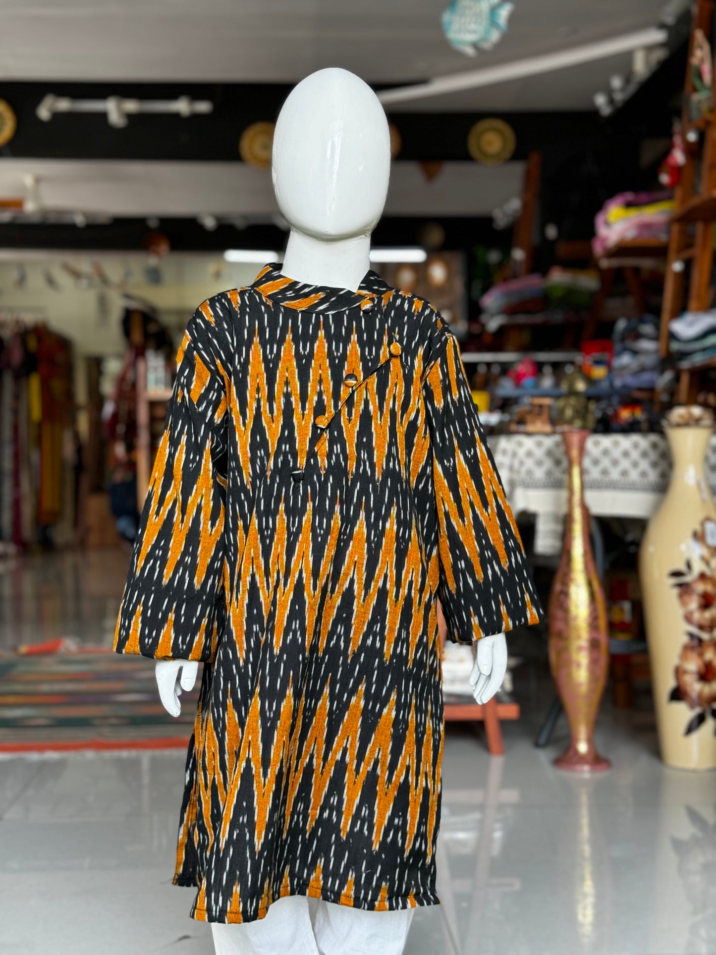 Black and mustard ikat cotton kurta for boys with asymmetric buttons