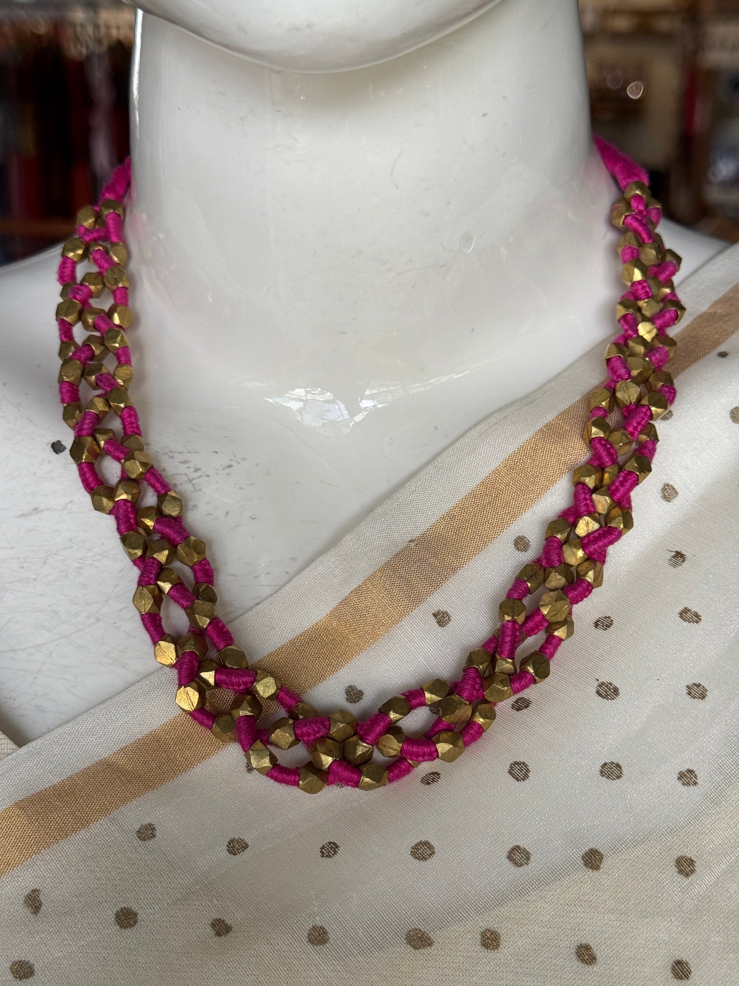 Pink thread with dokra brass beads braided handcrafted neckpiece