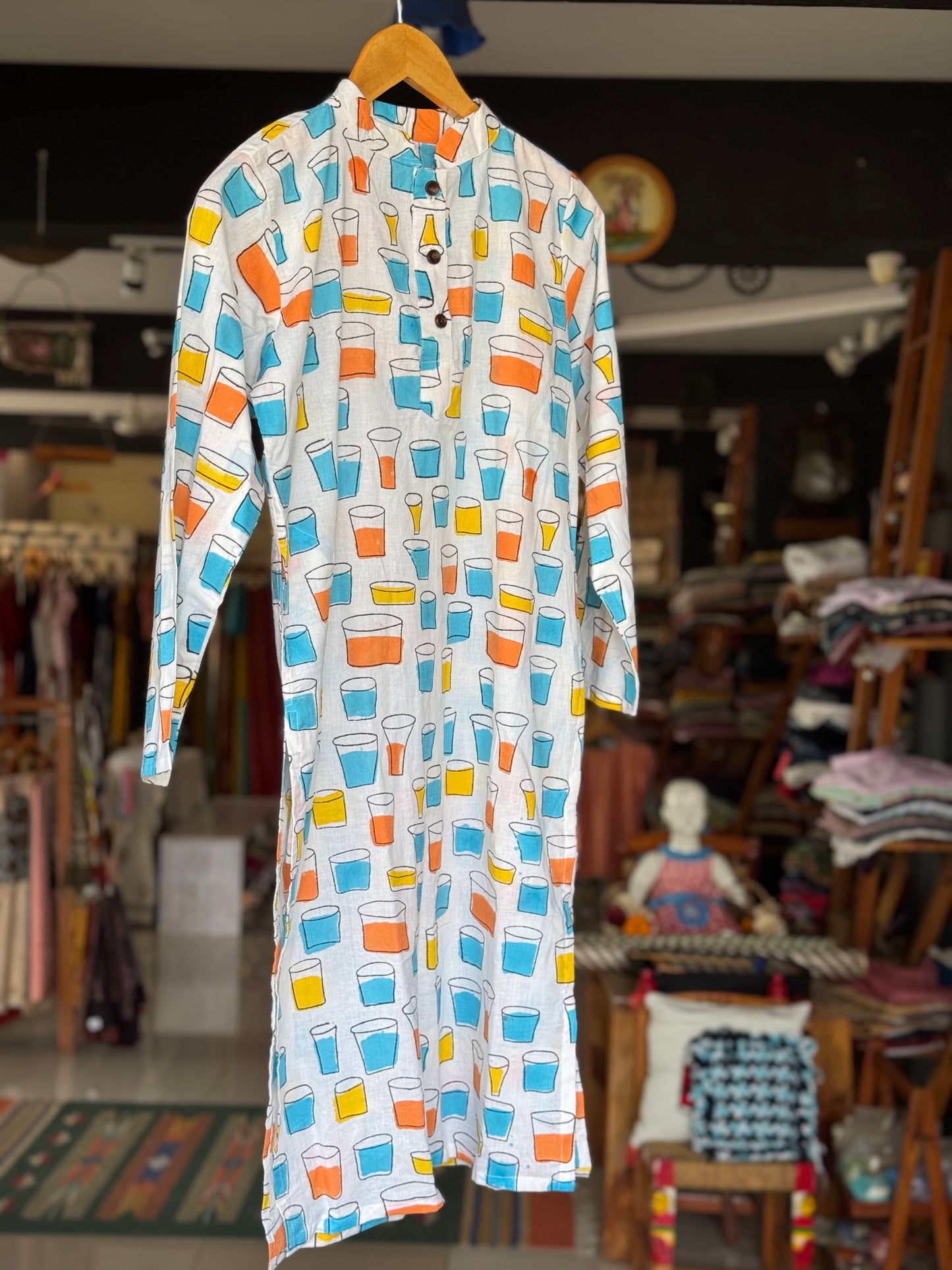 Colorful tumblers hand block print cotton long kurta for boys