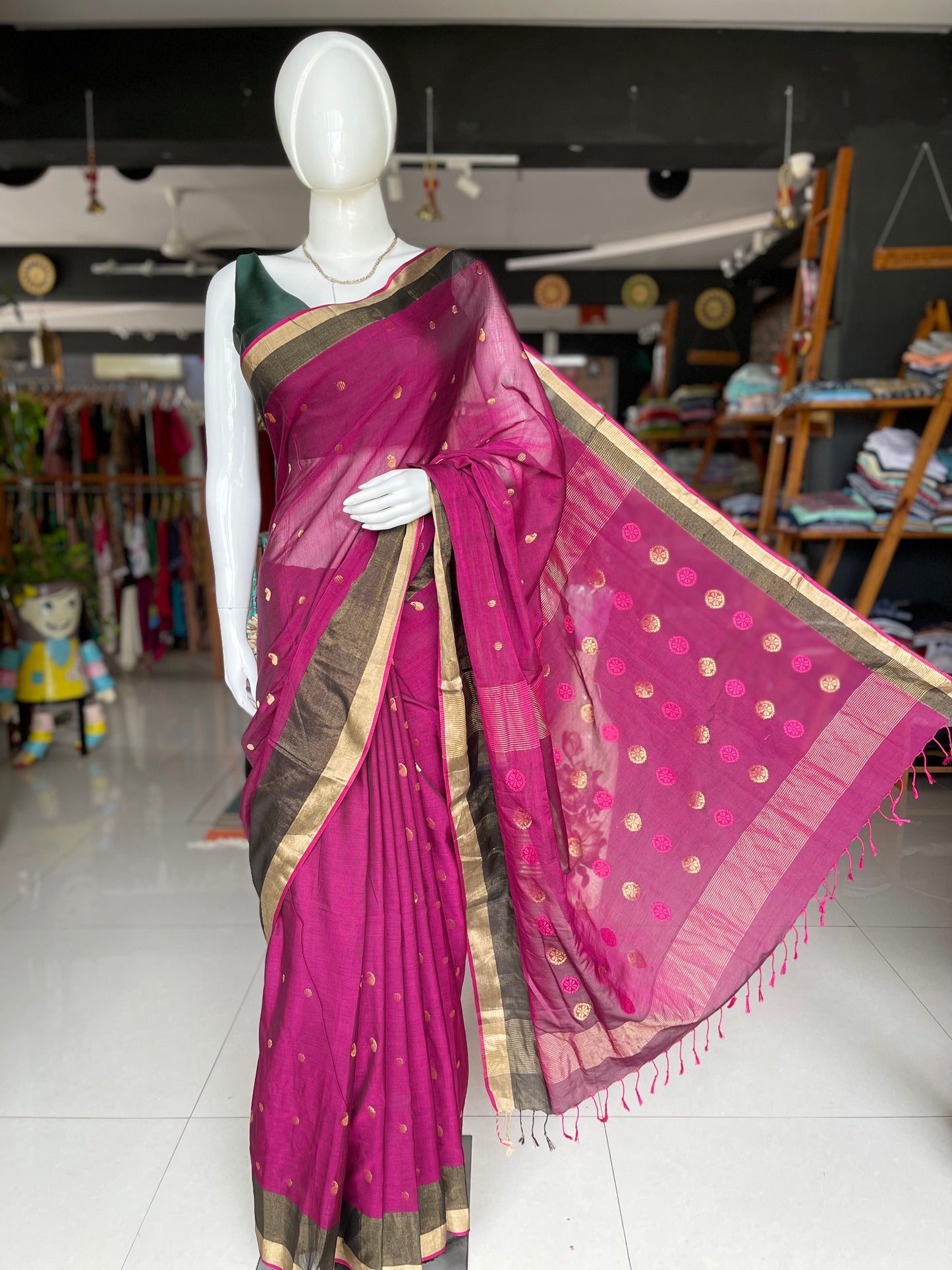 Purple handwoven cotton saree with gold zari coin buti