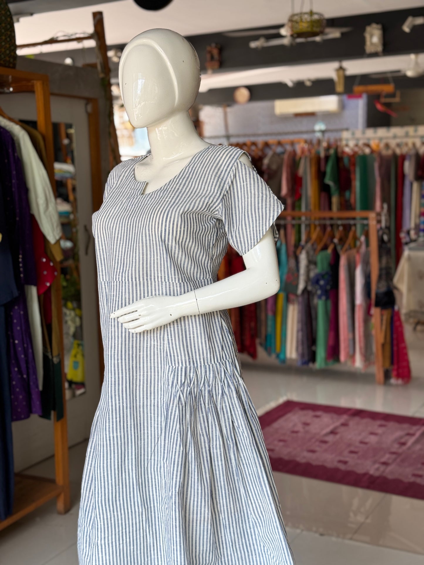Grey and white stripes handwoven, cotton dress with cinched pleats and asymmetric neckline
