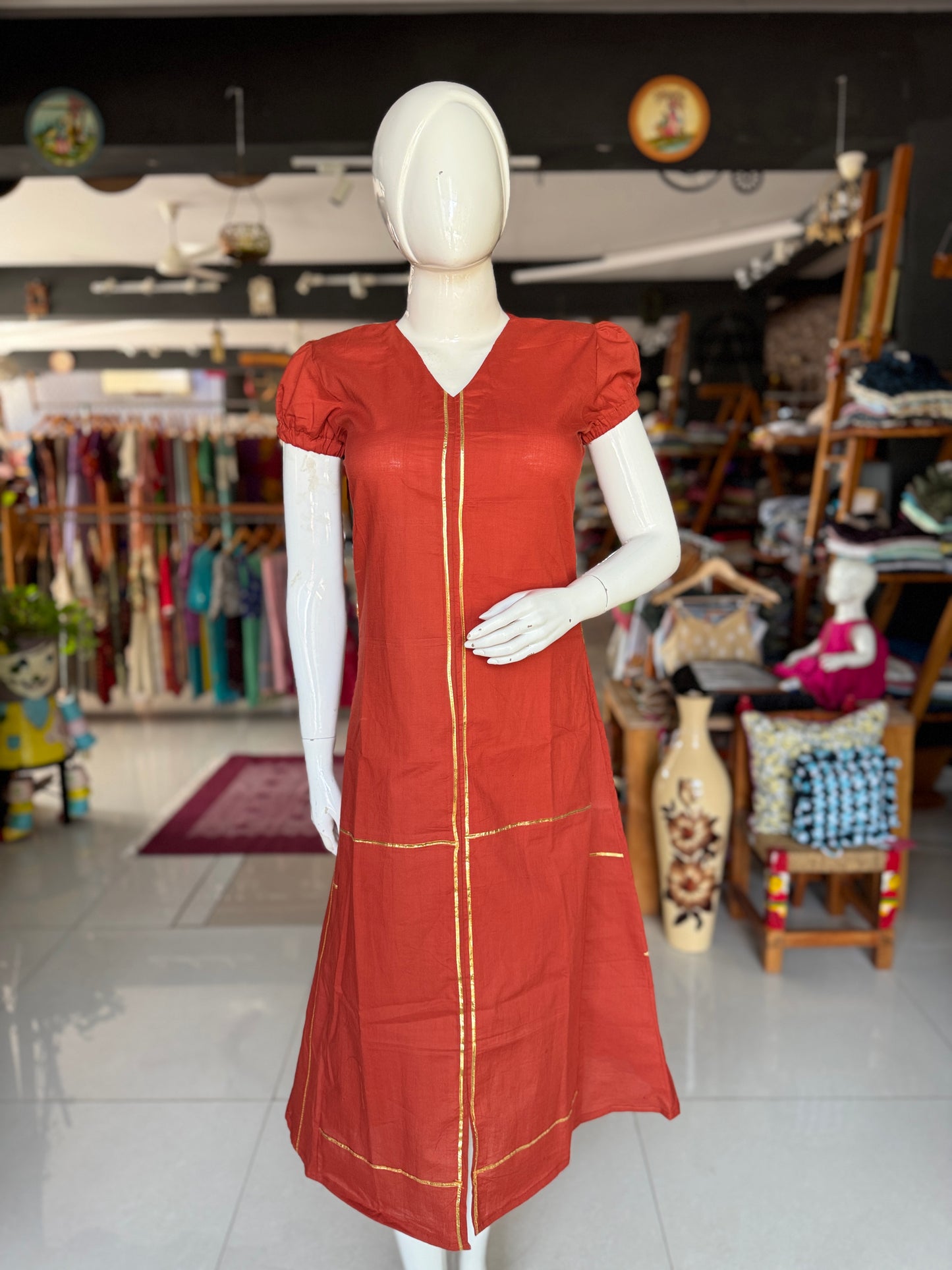 Maroon cotton kurta with gota lace detailing and puff sleeves