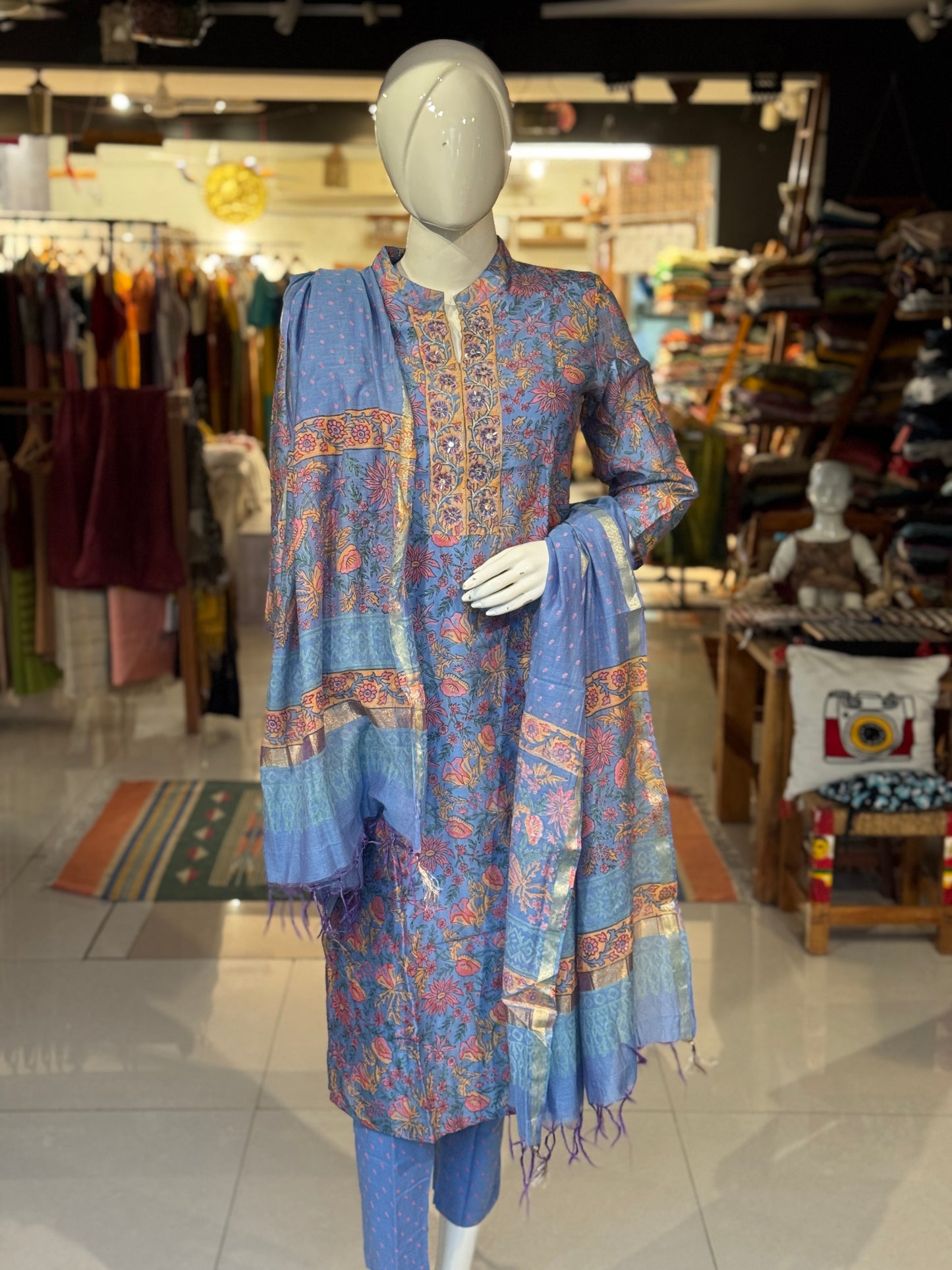 Sky blue hand block print chanderi hand embroidered straight collared kurti, pants and dupatta - 3 piece suit set