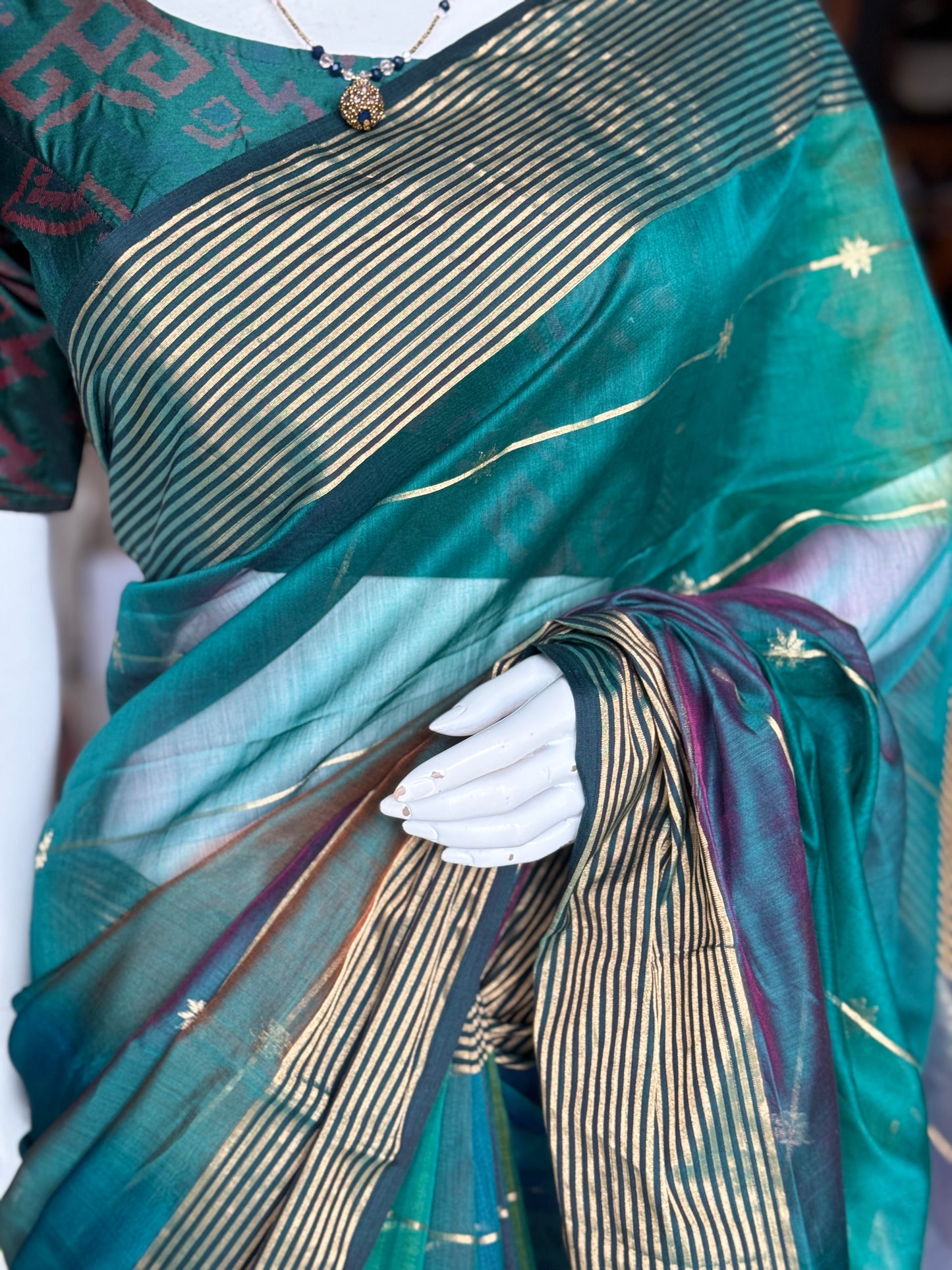 Turquoise, teal, green - multi color star buti stripes silk cotton Maheshwari handloom saree