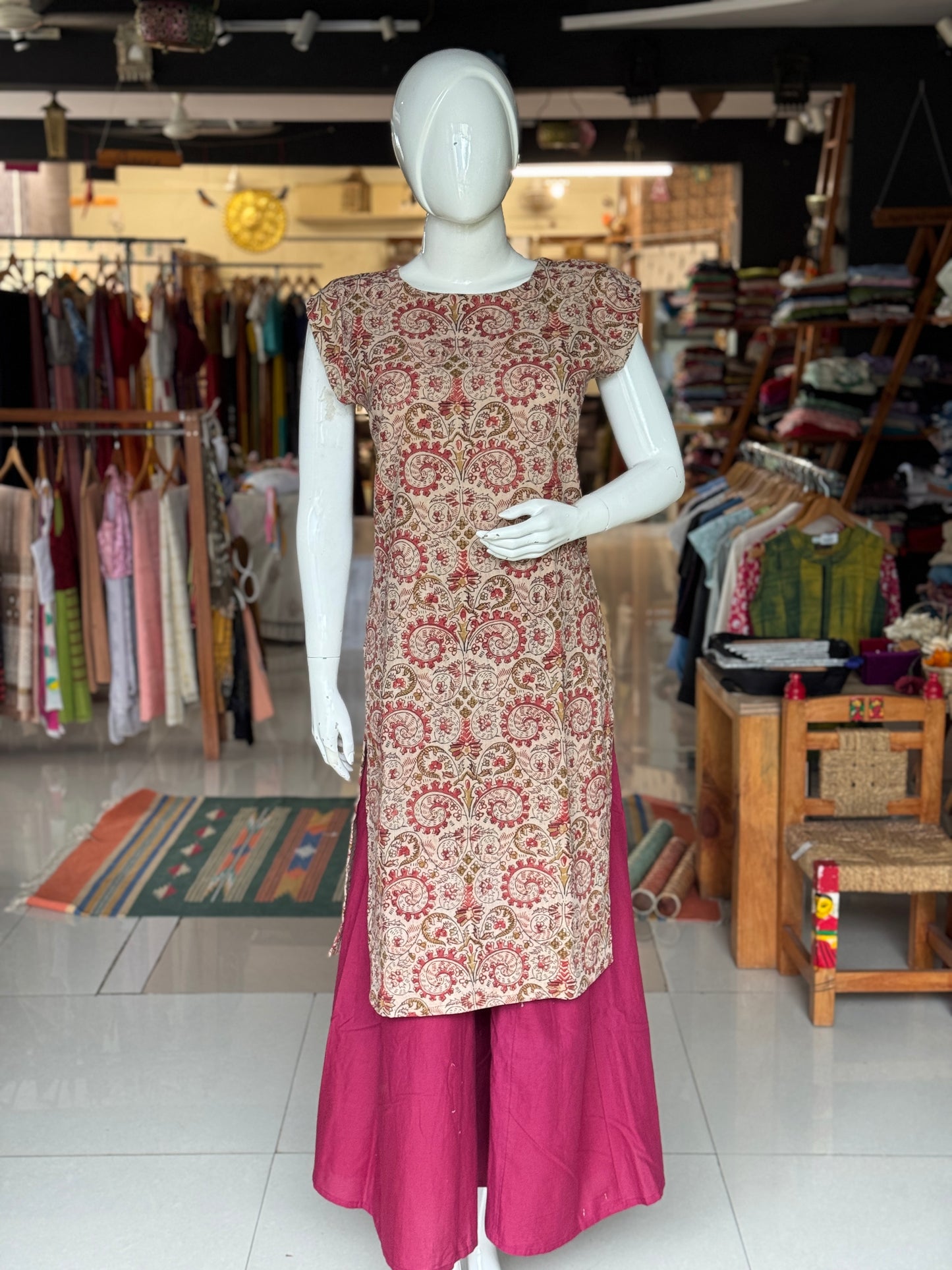 Pink green flowers Kalamkari hand block printed cotton straight kurti