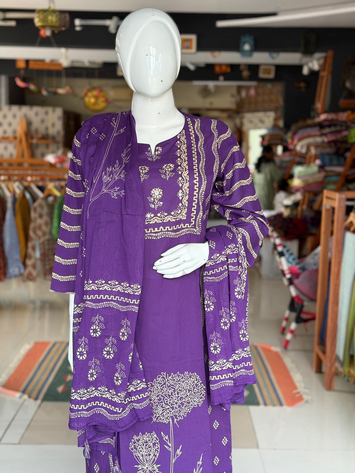 Violet tree print straight kurti, pants and dupatta - 3 piece set