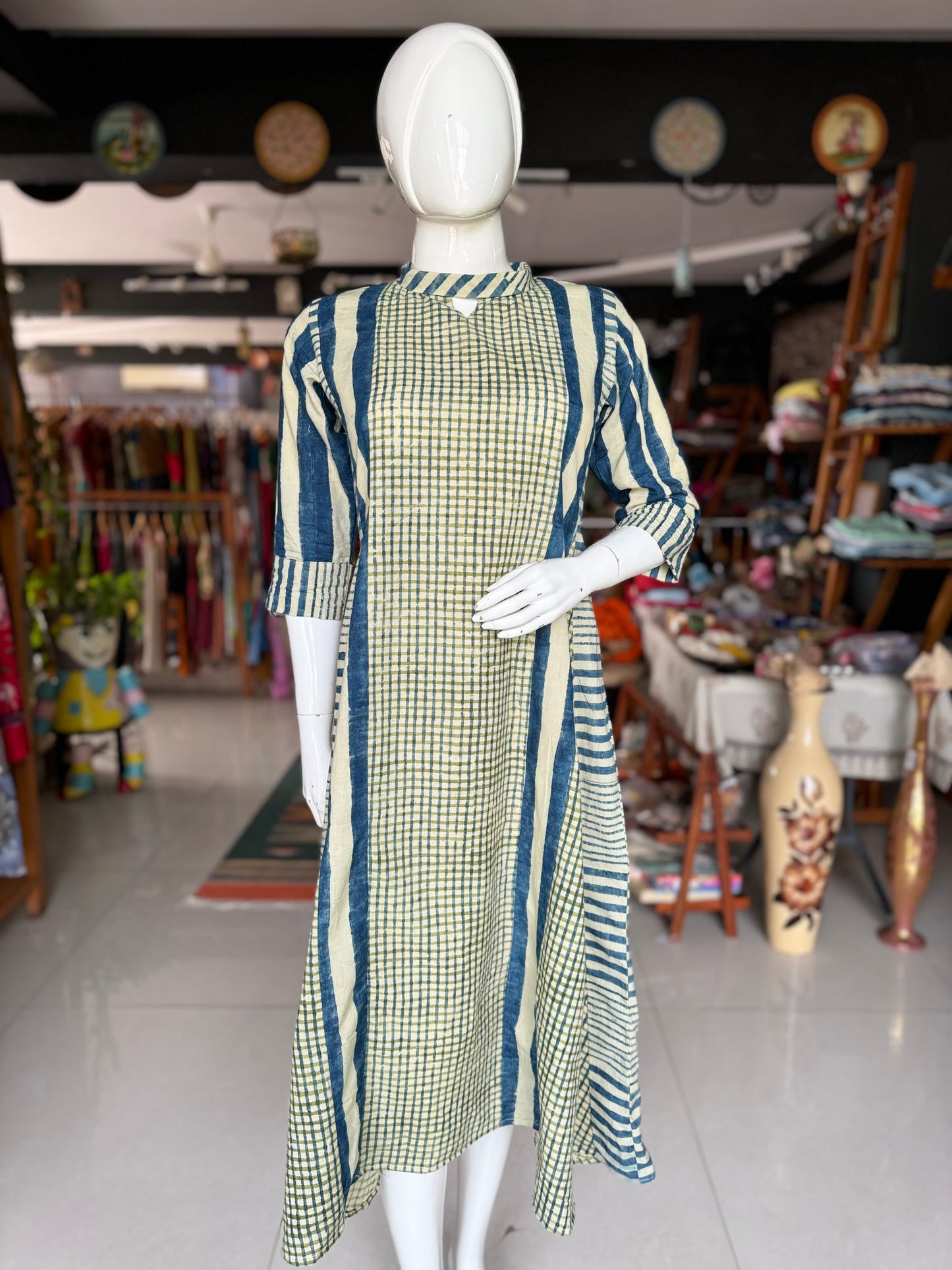 Blue green stripes and checks hand block printed designer cotton dress with band collar