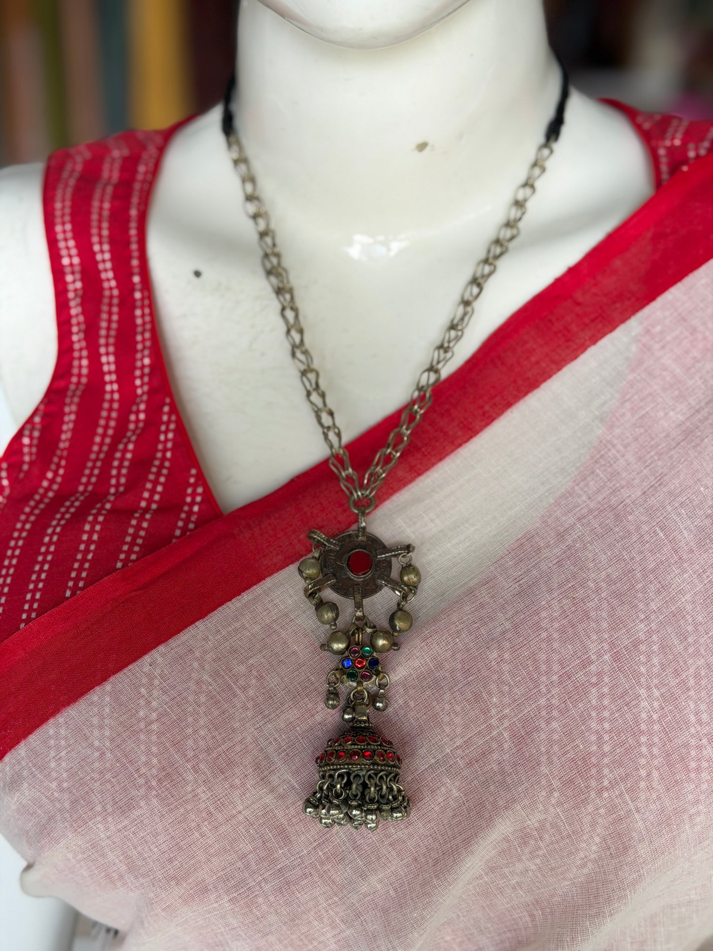 Jhumki with pink stones pendant and big links chain handcrafted necklace
