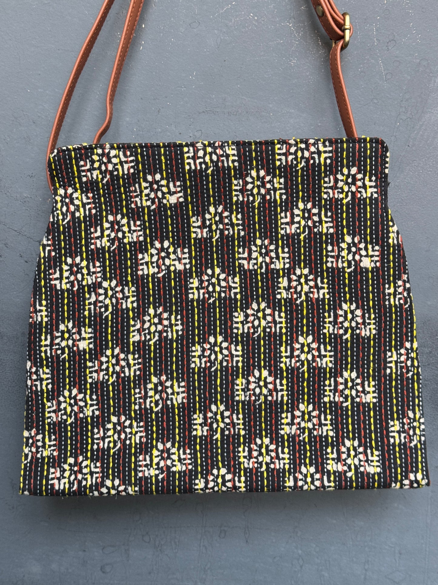 Kantha hand embroidered printed fabric sling bag with adjustable straps