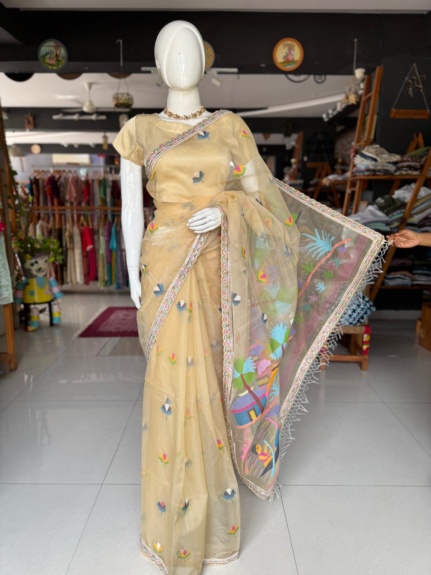Wheat gold silk organza jamdani saree with hand embroidered beads work scallop lace - beautiful village theme pallu with huts, boats and trees