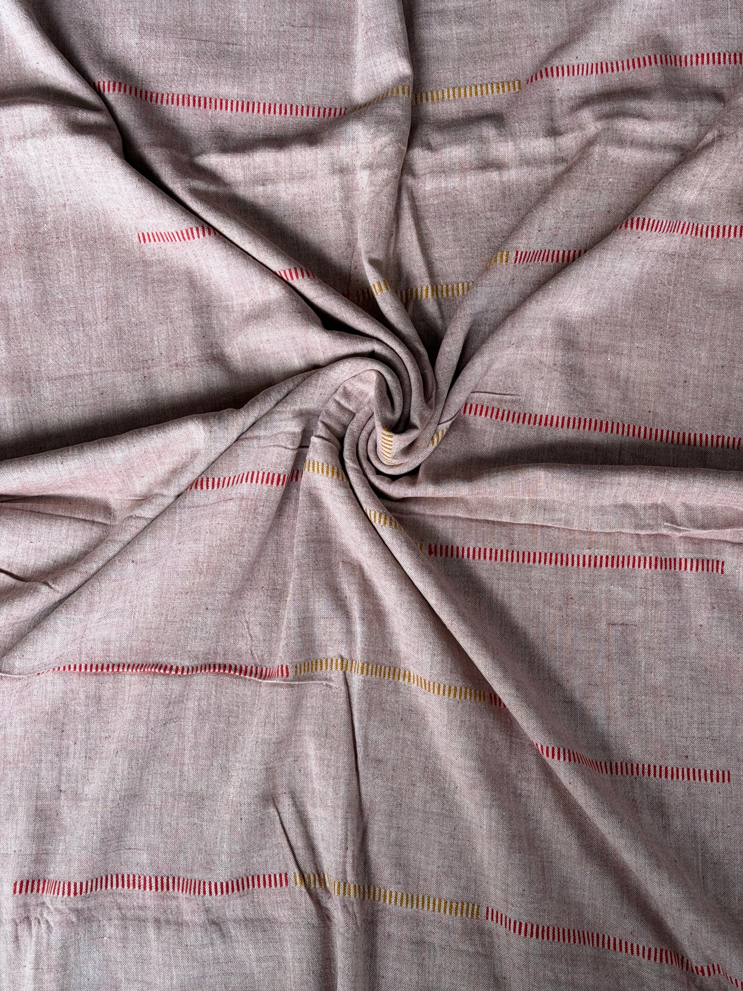 Onion pink cotton hand spun, hand woven fabric with red and yellow woven stripes