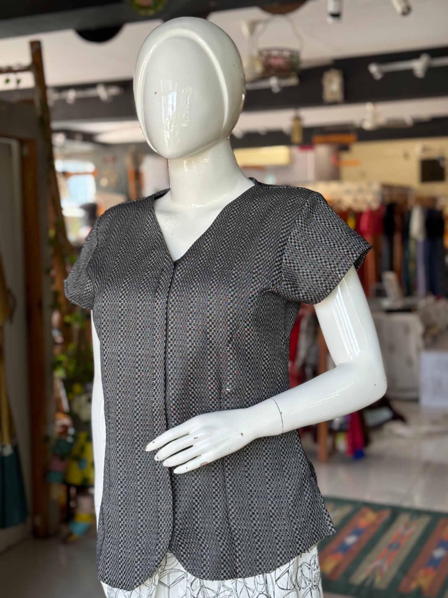 Black textured handwoven cotton top - V neck with curved hemline