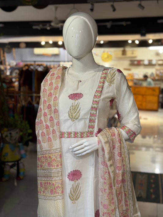 Ivory tone hand block print floral chanderi hand embroidered straight kurti, pants and dupatta - 3 piece suit set