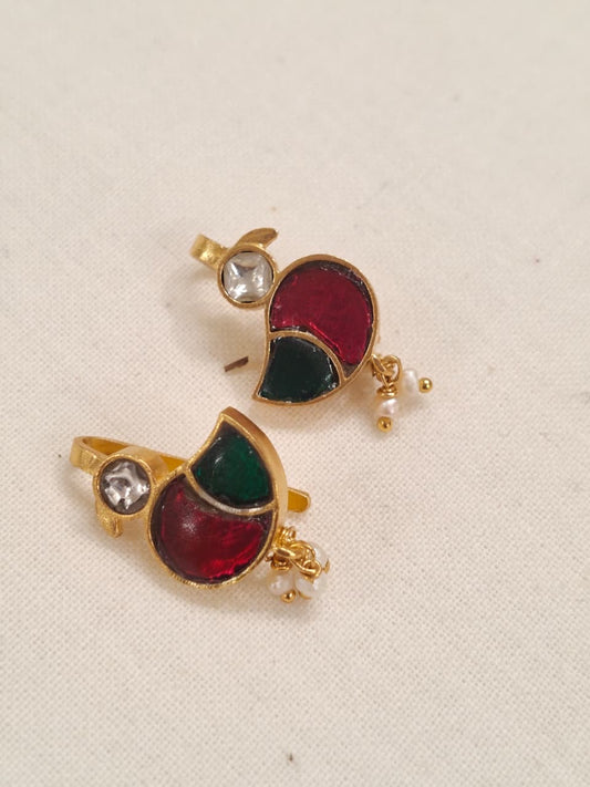 Little Birds silver ear clip ons / hooks in Pink and green stones with small pearl drops