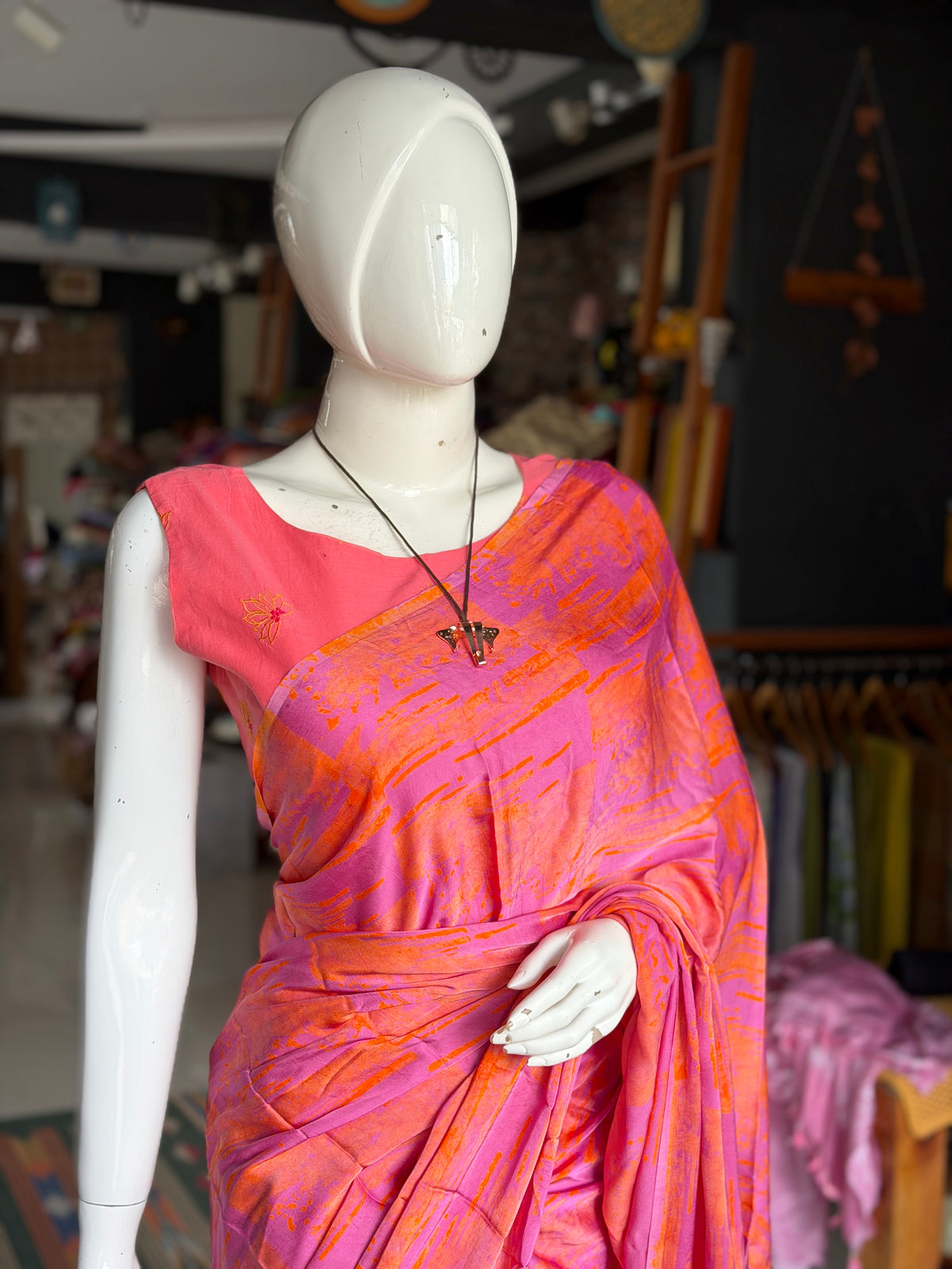 Purple orange batik hand block soft modal yardage saree / fabric - handcrafted