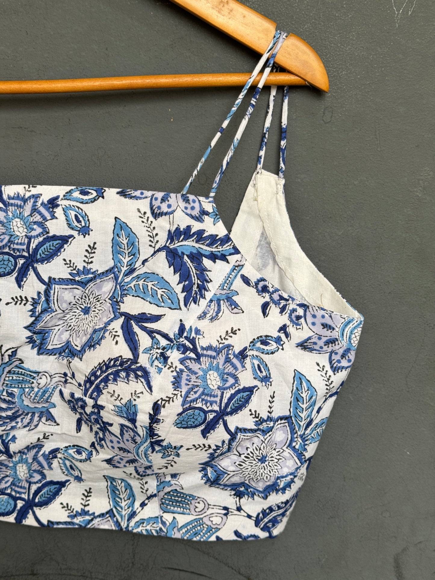 Blue floral on white base hand block printed cotton double noodle strap blouse
