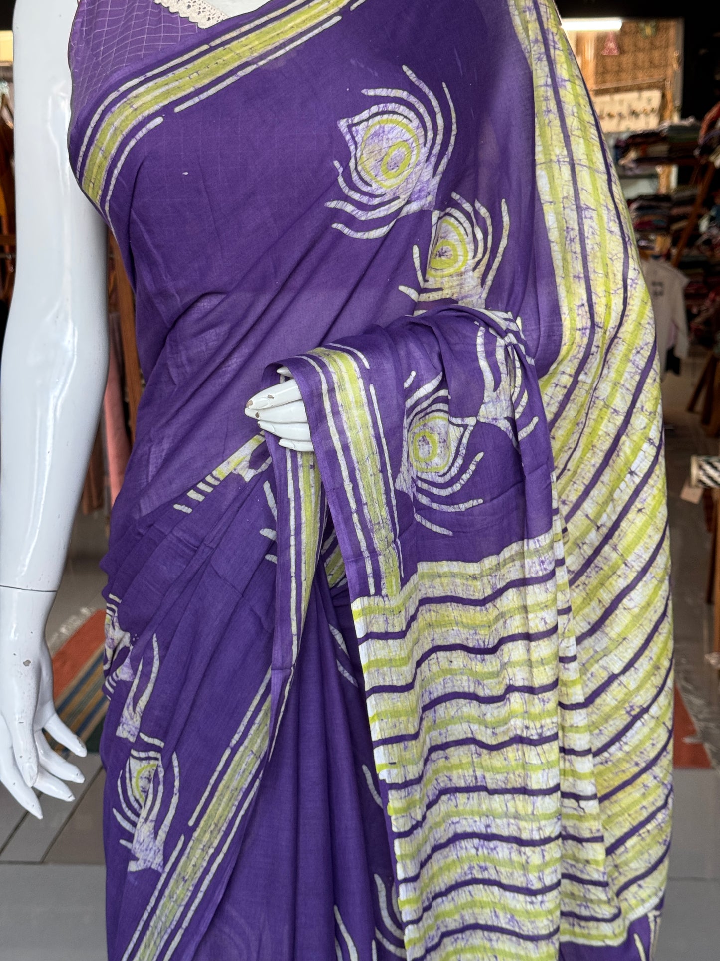 Violet peacock feather design Batik soft cotton saree