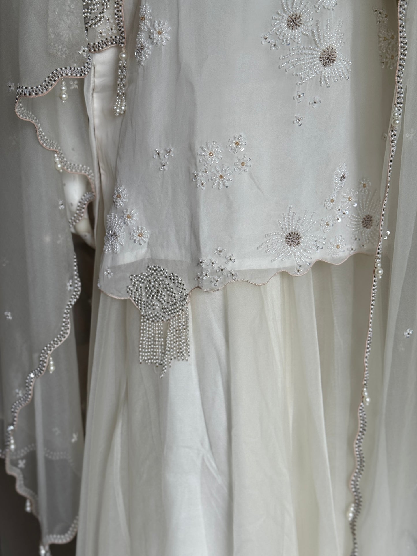 Off white splendor - Soft organza hand embroidered long sleeves kurti, skirt, dupatta and crepe bustier - 4 piece set