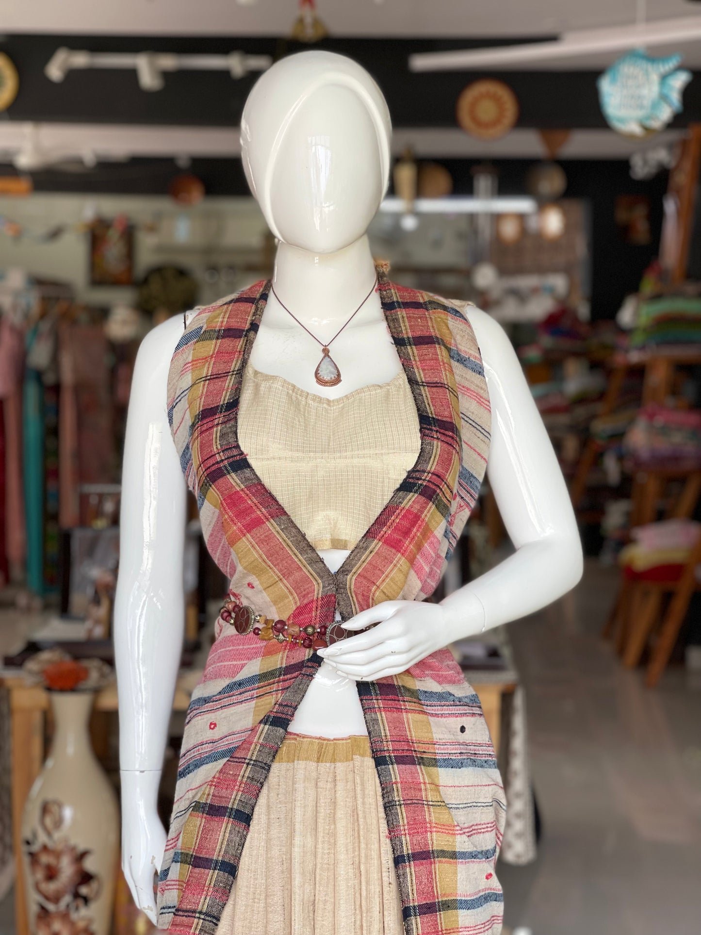 Natural dyed tussar x kala cotton hand woven Bhujodi saree with mirror embroidery