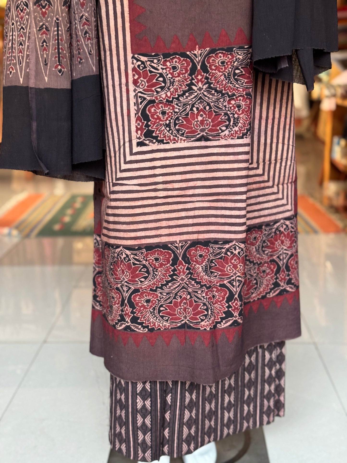 Ajrakh natural dyed, hand block printed cotton 3 piece unstitched suit set