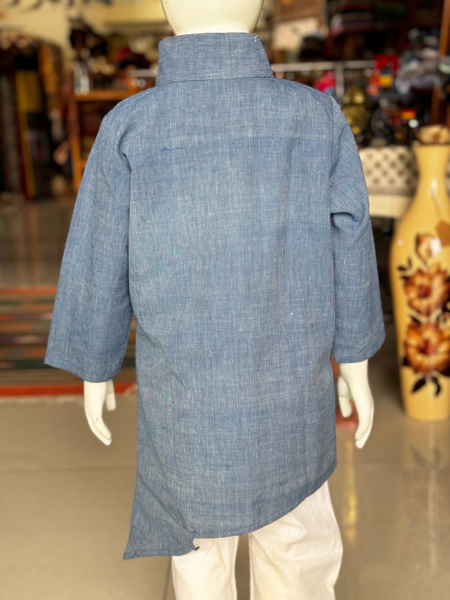 Indigo stripes handwoven natural dyed cotton long kurta for boys with side buttons