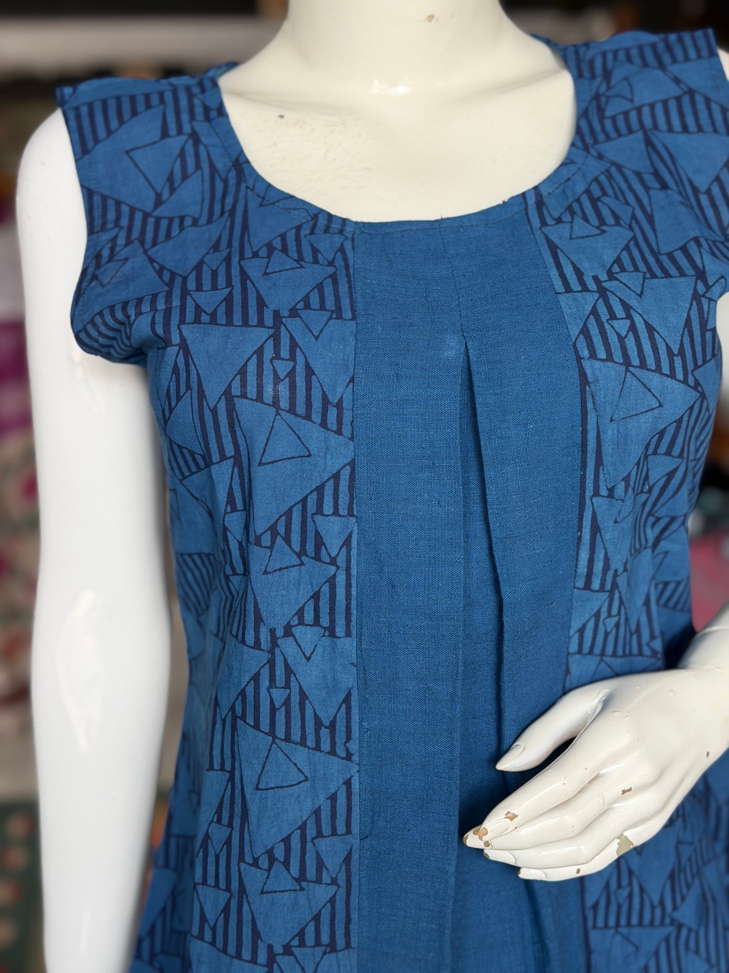 Kala cotton plain blue handloom center panel top with blue triangles hand block printed sides