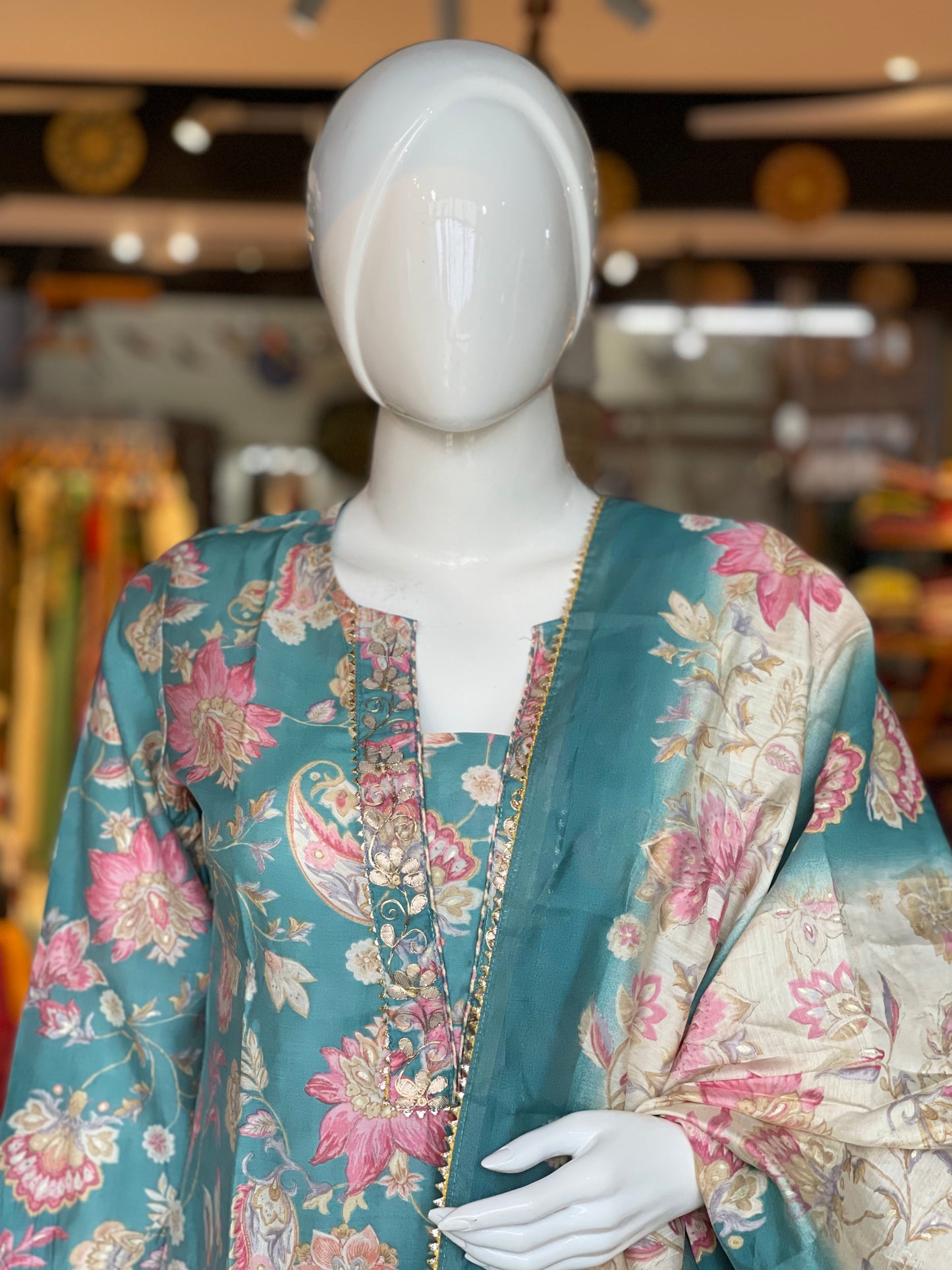 Turquoise floral modal suit set with matching straight pants and dupatta - 3 piece set