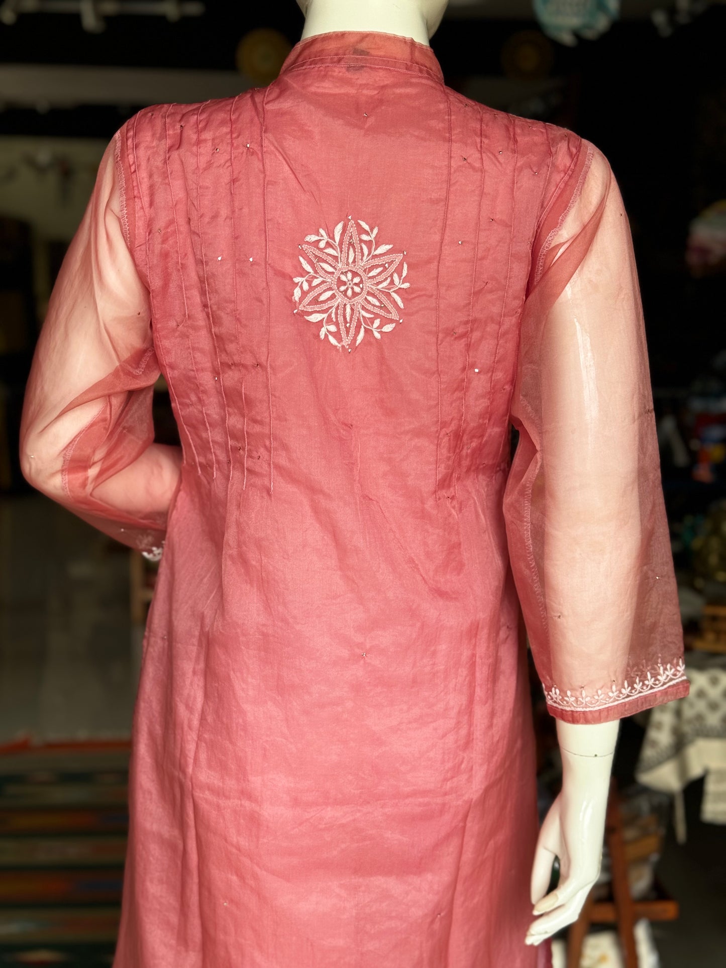 Pink chikankari hand embroidered organza kurta / dress