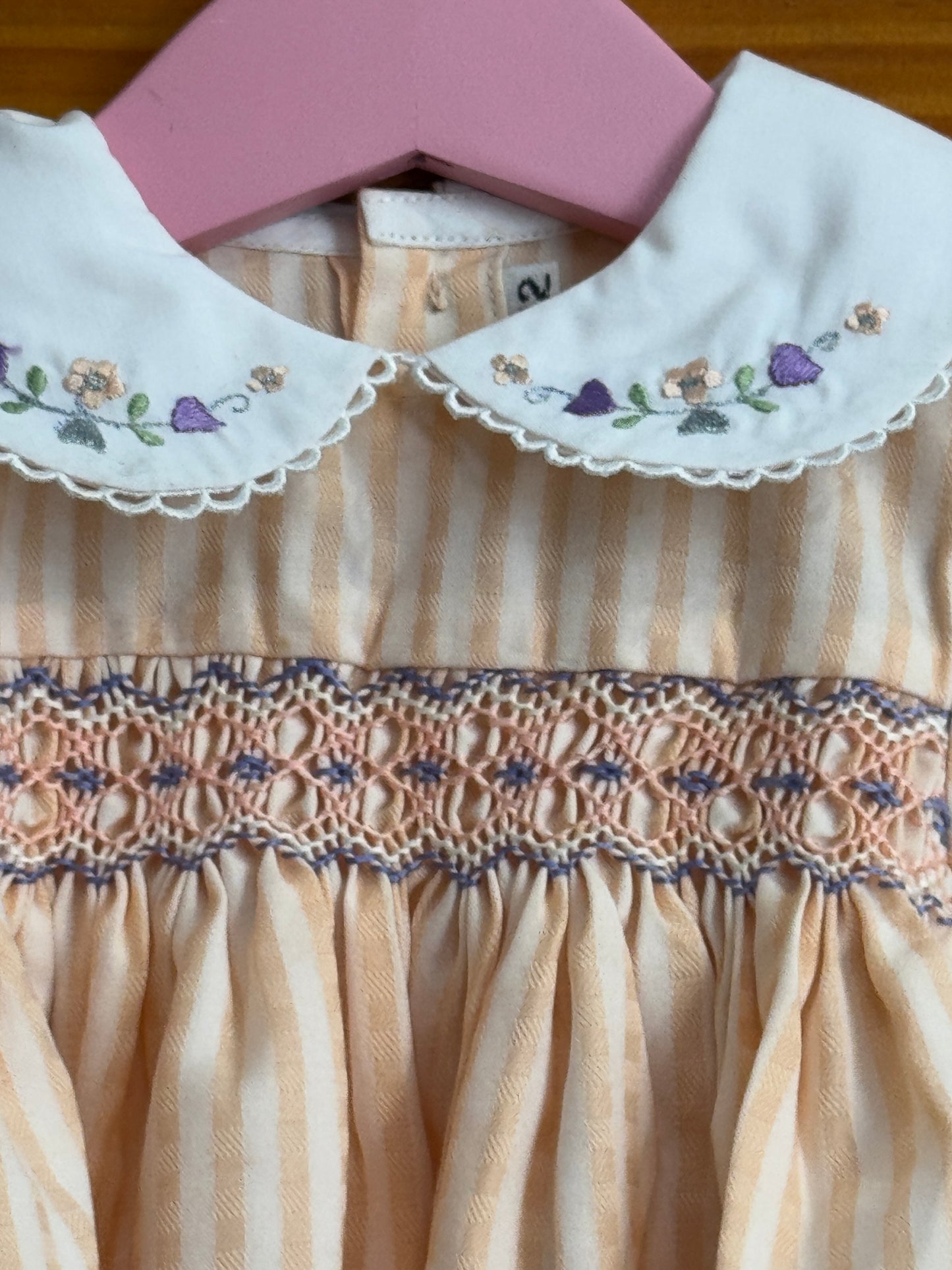 Peach stripes Peter Pan collared smocking cotton new born baby frock with cute embroidery