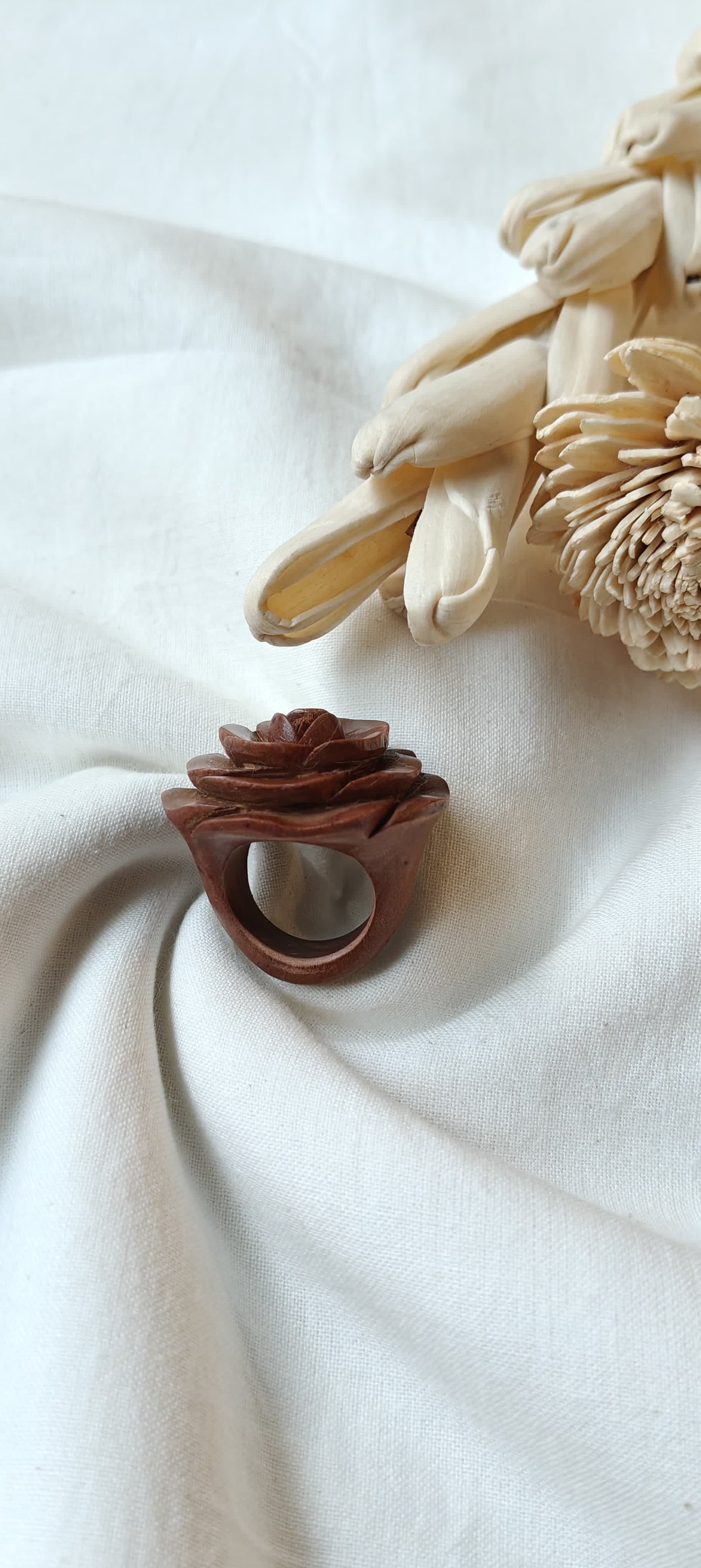 Rose hand carved finger ring in yellow wood - color options available