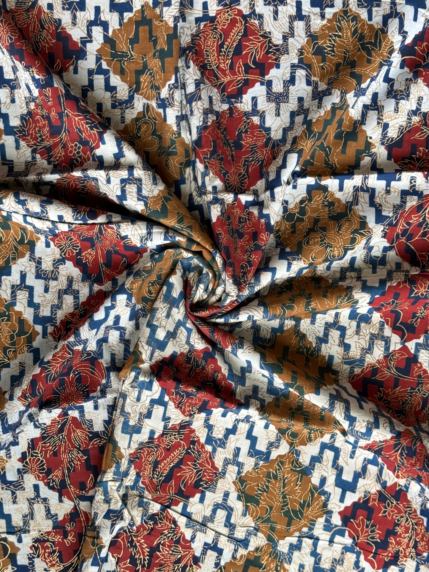 Indigo, maroon, brown and gold hand block printed cotton fabric