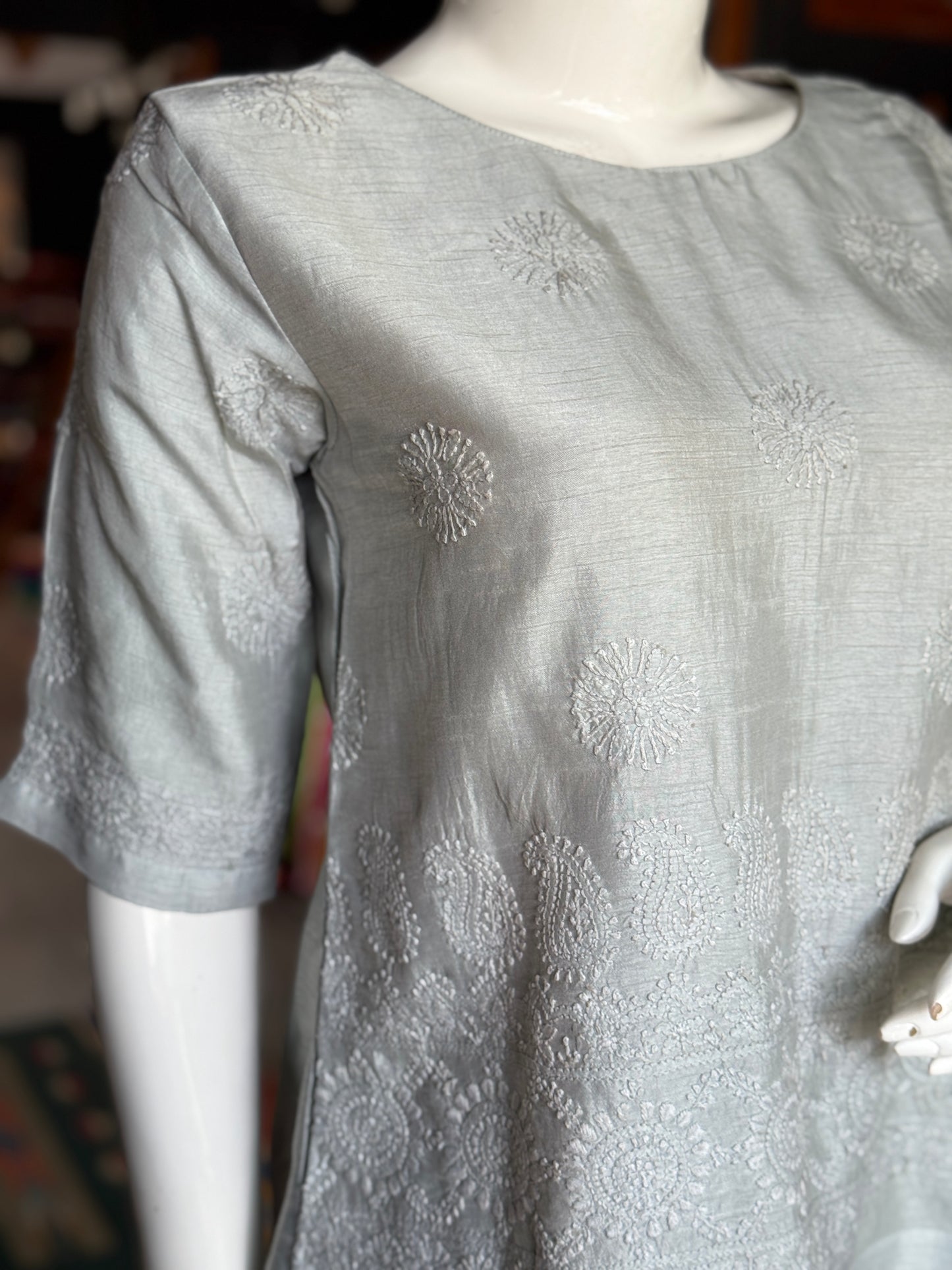Grey chikankari hand embroidered raw silk short kurta