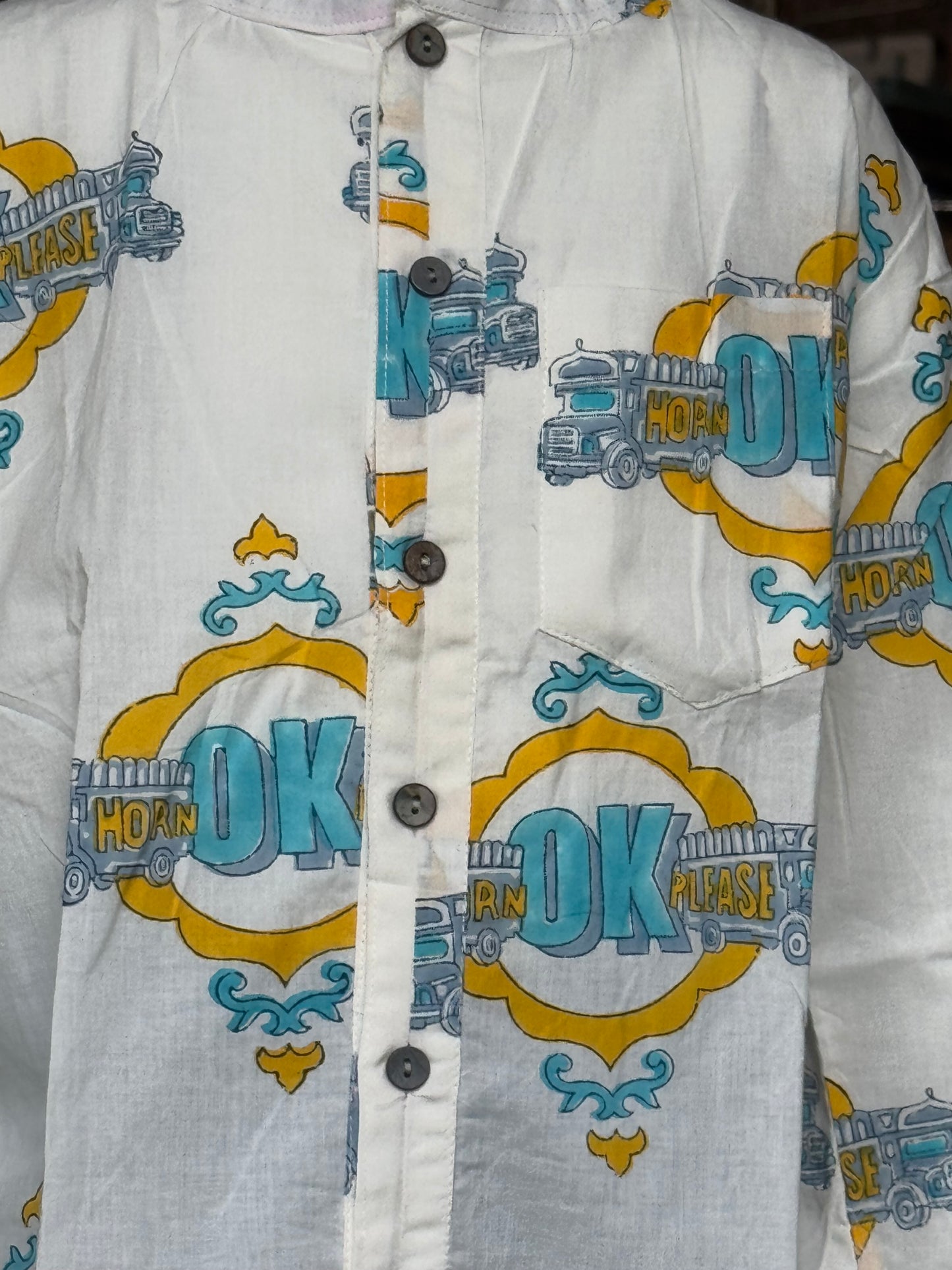 “Horn OK please” quirky hand block print cotton band collared shirt for boys
