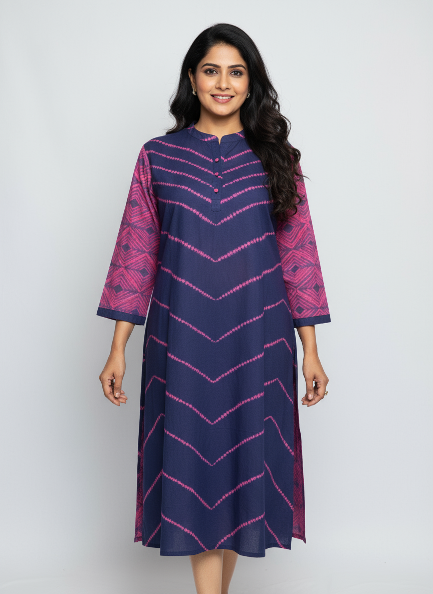 Violet n purple Shibori needle tie n dye band collared cotton dress