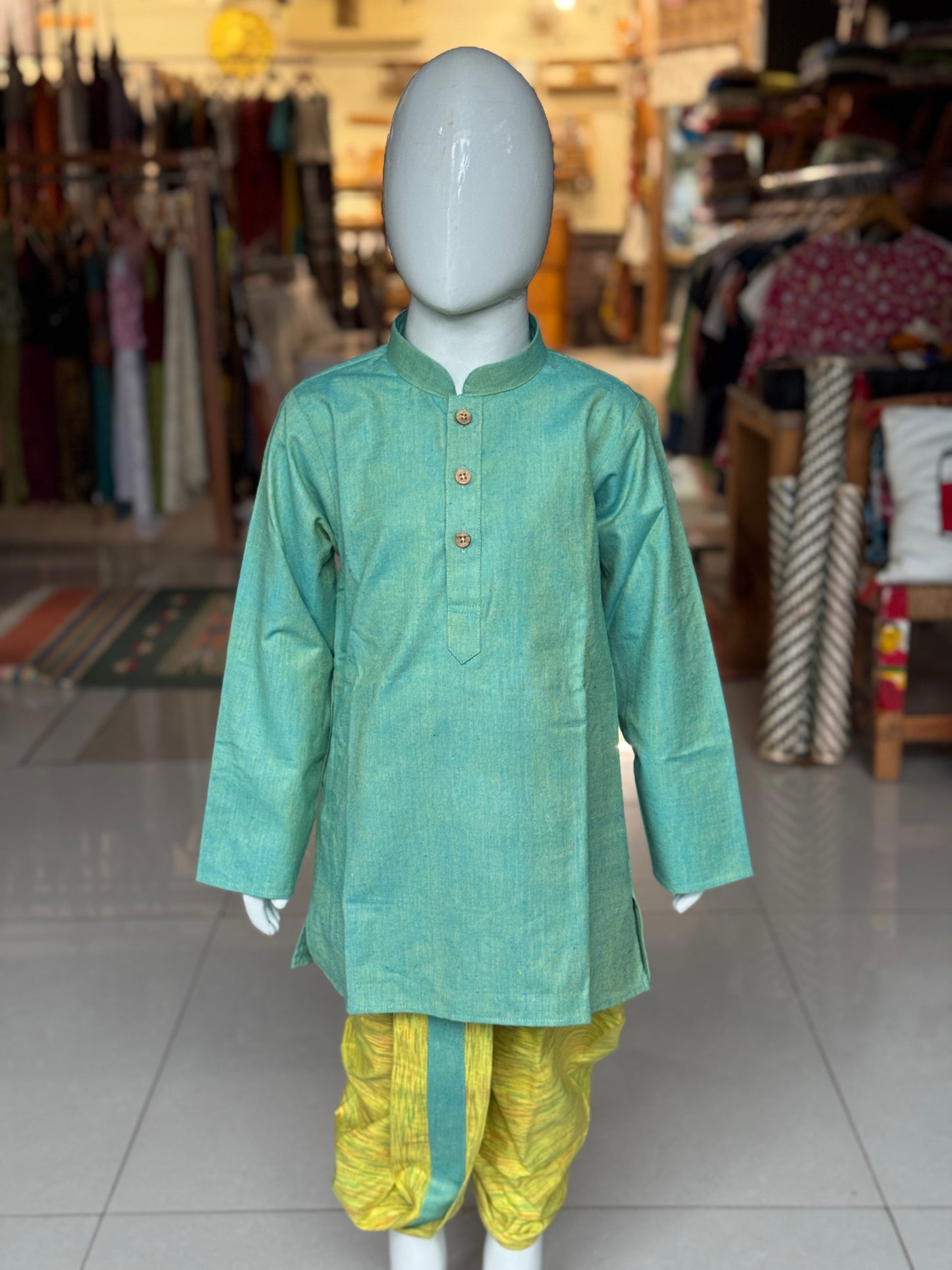 Green and yellow hand spun hand woven cotton kurta, dhoti - 2 piece cotton ethnic set for boys