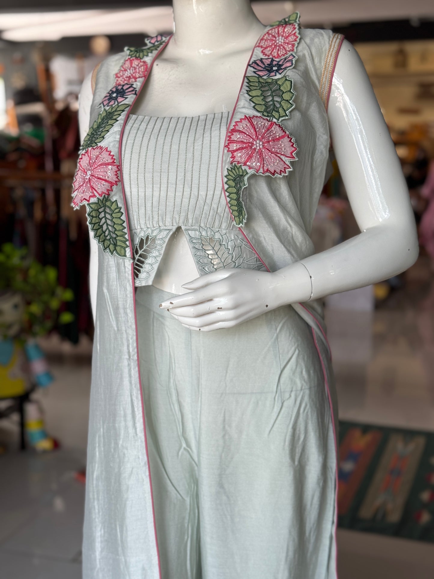 Pastel tone silk cotton cut work embroidered cape, bustier and loose pants - 3 piece set