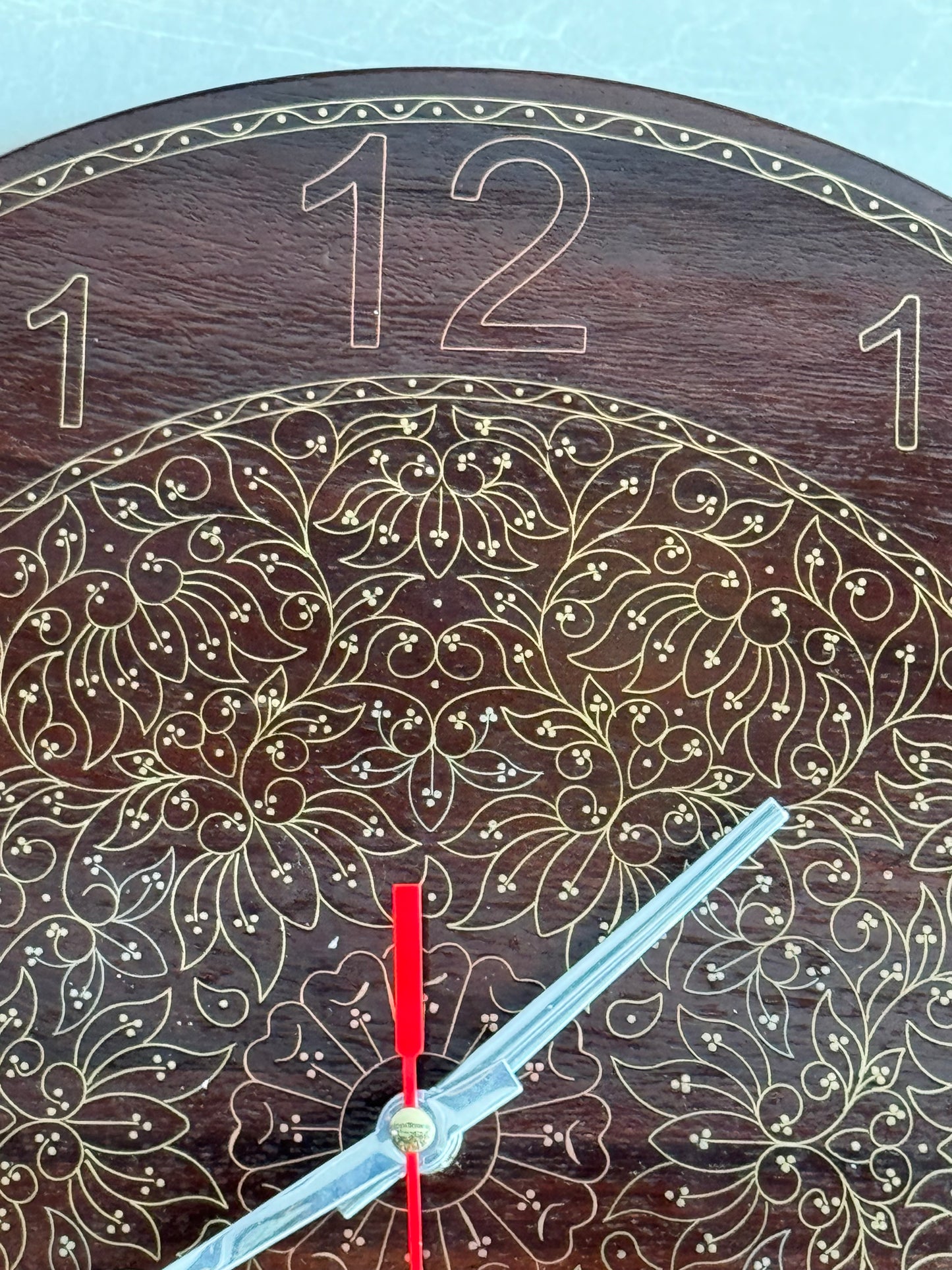 Brass inlay wooden wall clock - 12 inches size with heavy floral design - traditional Tarkashi handicraft