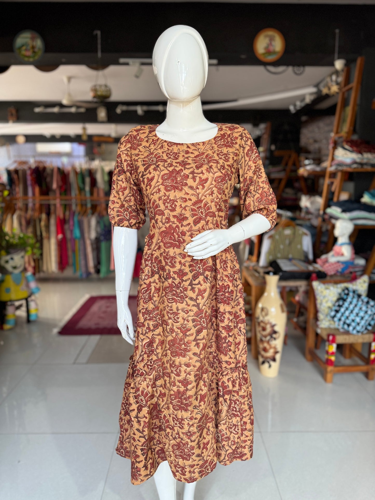 Sandal time Kalamkari handblock print soft n flowy cotton satin side multi tiers dress