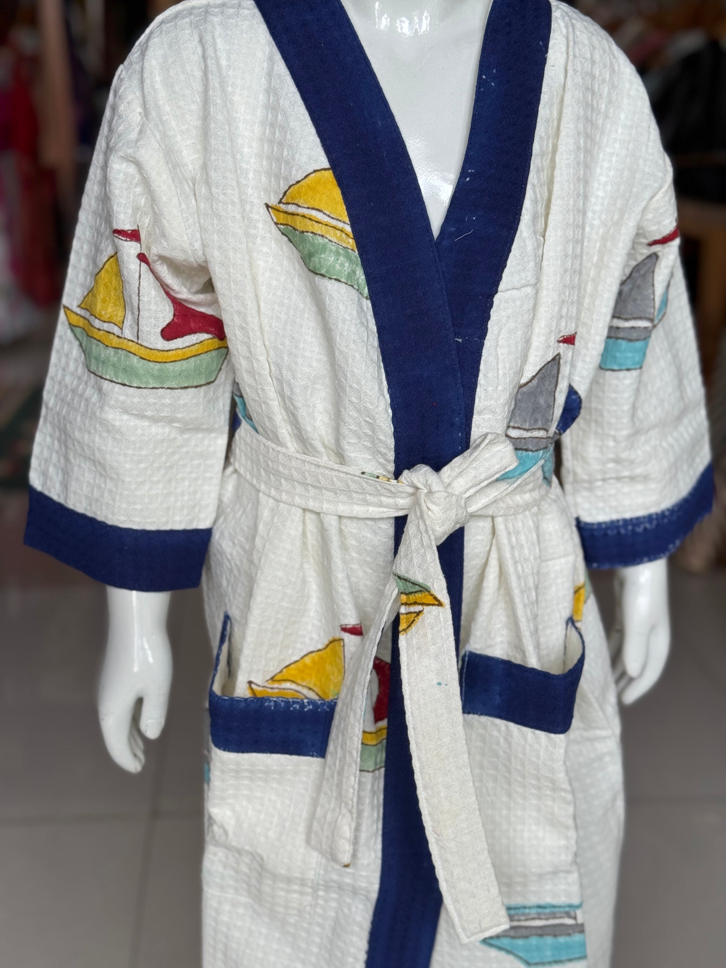 Bath robe / swim suit cover up for children - hand block printed waffle cotton - multiple prints and sizes