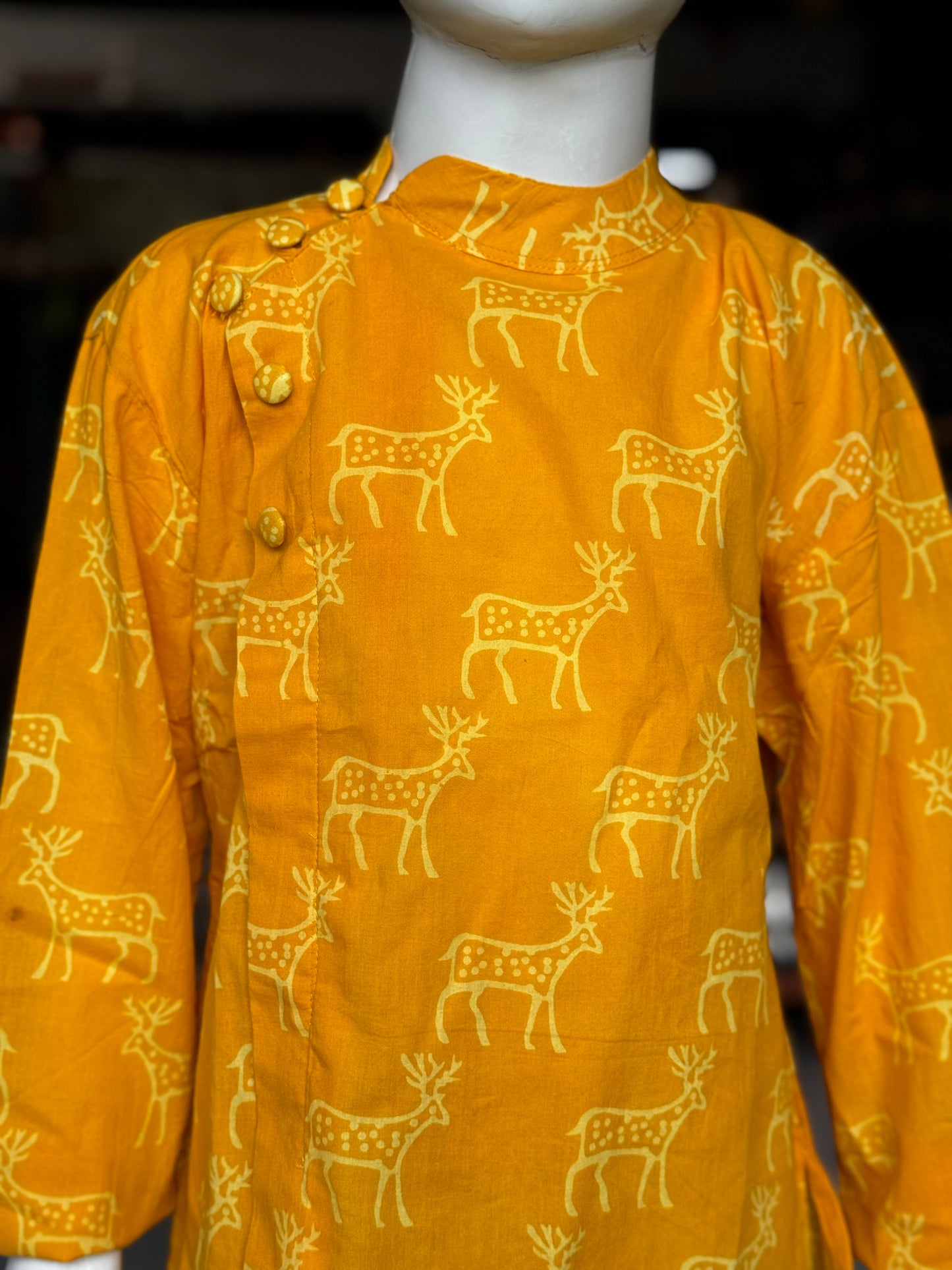 Yellow deer print hand block cotton kurta for boys with asymmetric buttons