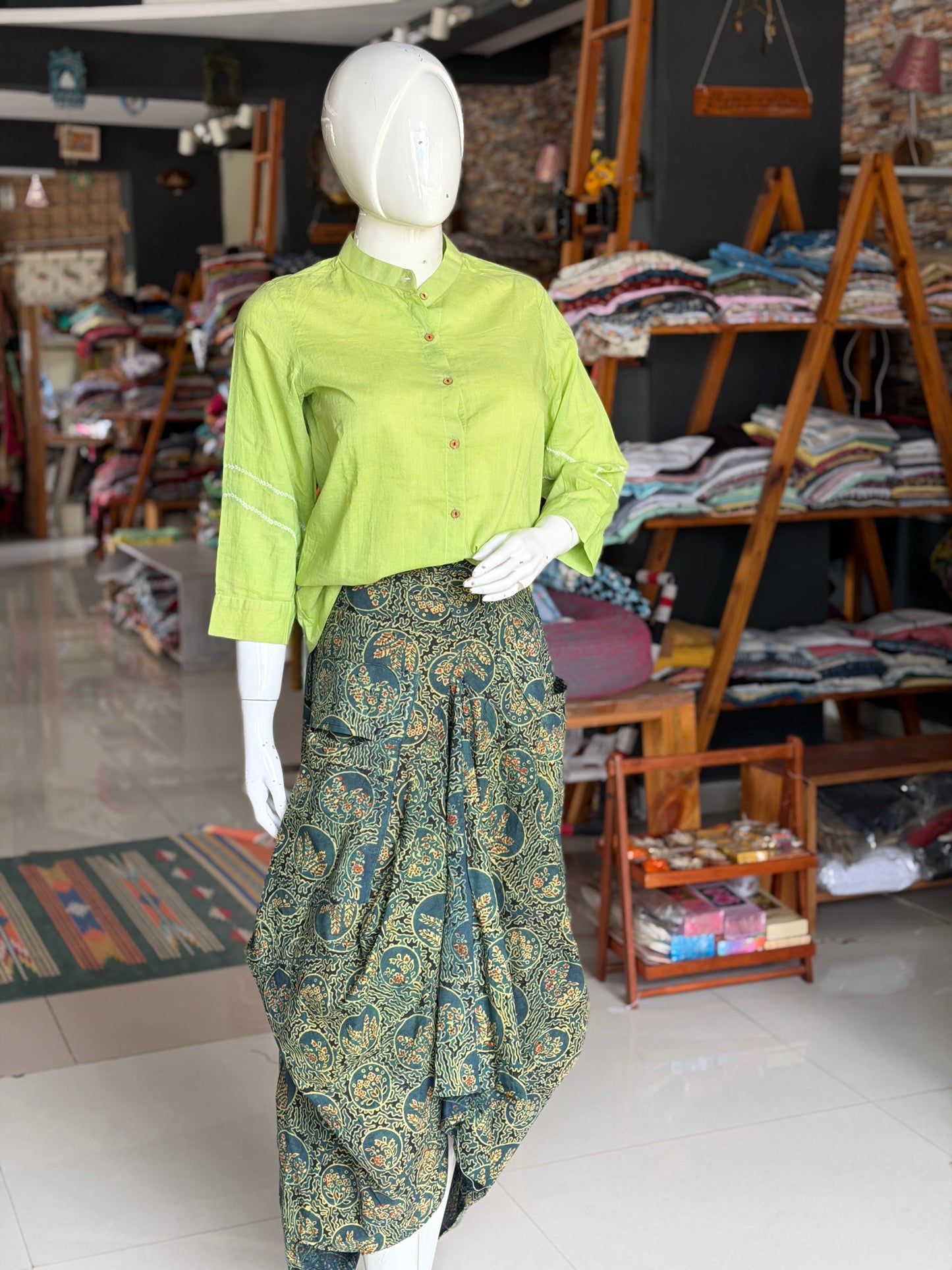 Green flowers Ajrakh natural dyed, hand block printed cotton designer skirt - with pockets