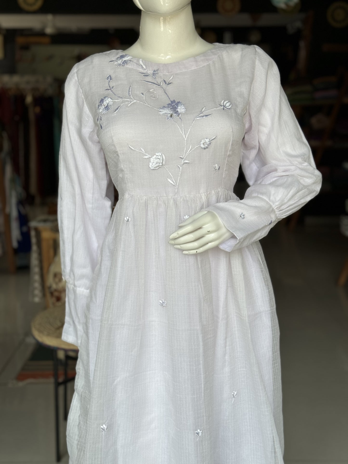 White kota cotton embroiderd dress with full sleeves