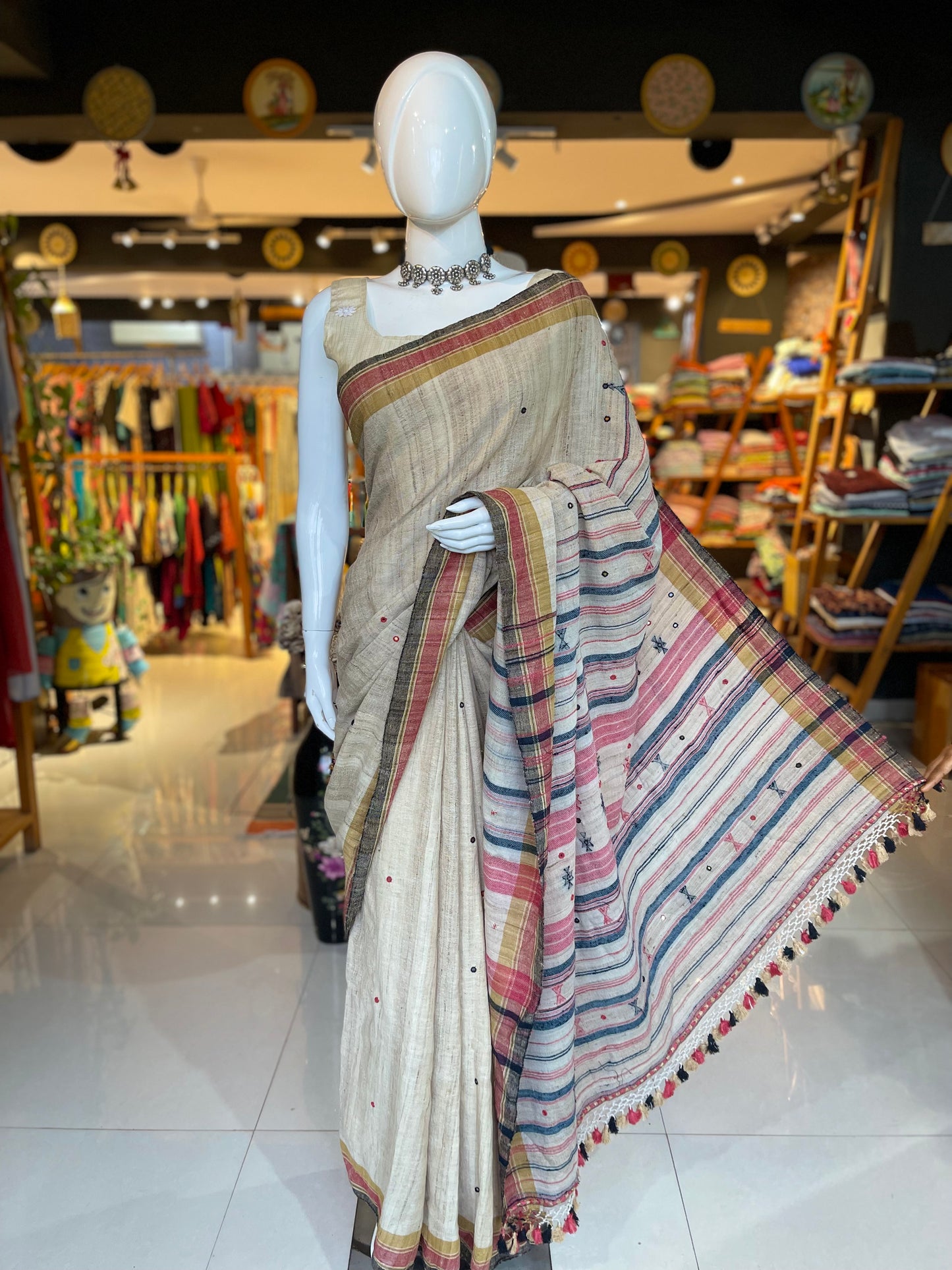 Natural dyed tussar x kala cotton hand woven Bhujodi saree with mirror embroidery