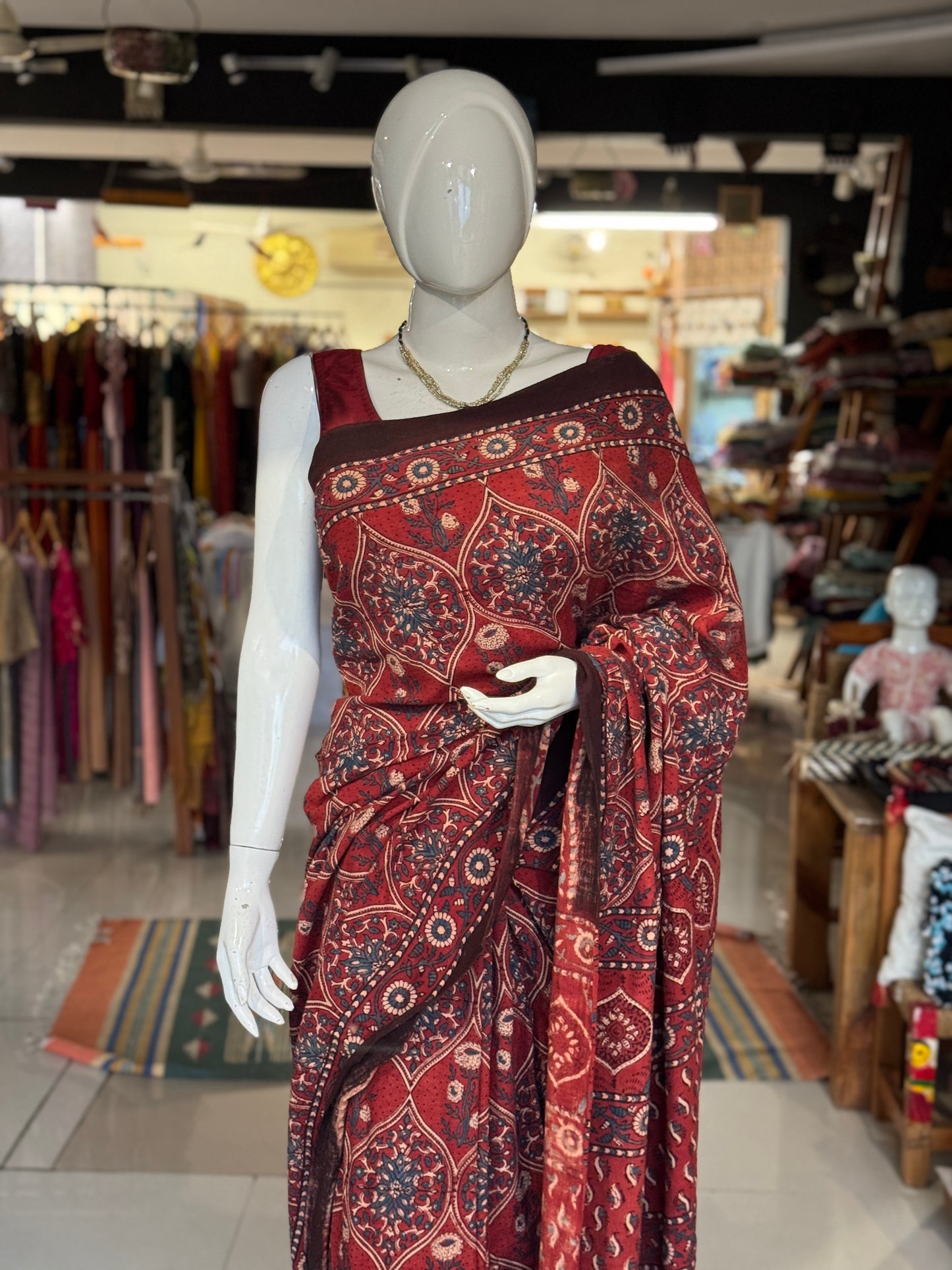 Kala cotton hand woven saree with maroon tone Ajrakh hand block prints